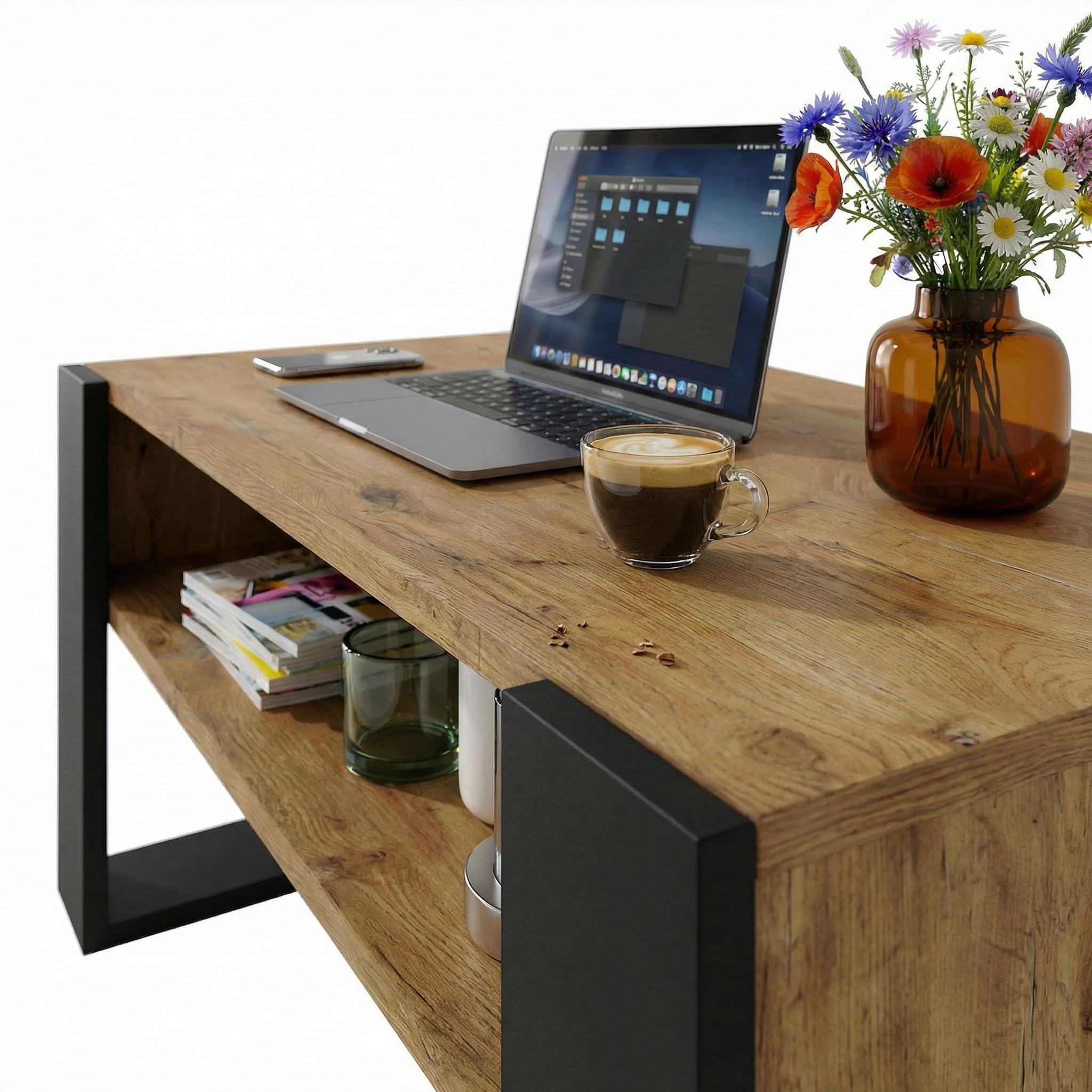 CraftPAK Wohnzimmer Tisch für Couch aus hochwertigem Holz, moderner Couchtisch mit zusätzlicher Ablagefläche, Sofatisch für Wohnzimmer, Farbe Retro-Schwarz