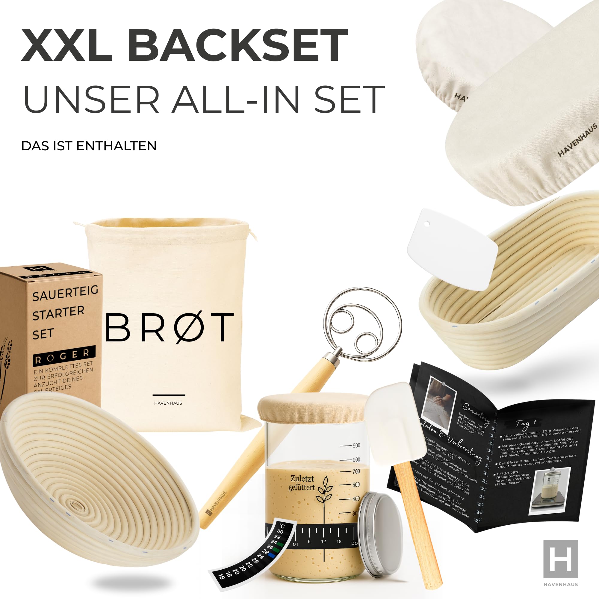 HAVENHAUS Brotbackset XXL | Sauerteig Starter Set mit umfassendem Brot backen Zubehör | inklusive 2x Rattan Gärkorb Brot rund & oval, Sauerteig Zubehör und Dänischer Schneebesen | Brotbackzubehör