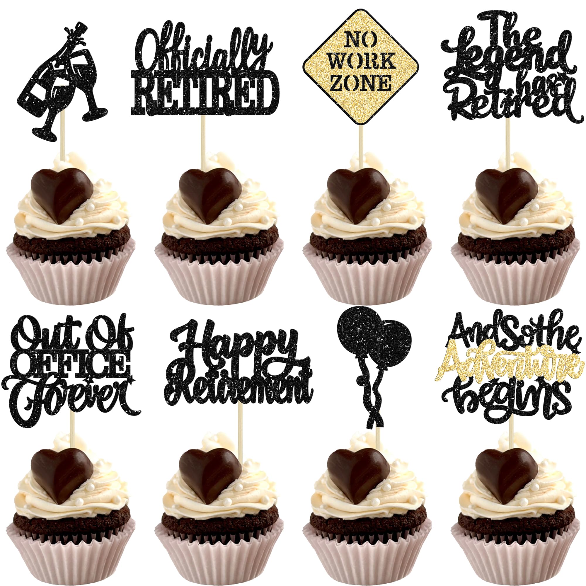 Ephlyn 24Pcs Happy Retirement Cupcake Toppers Officially Retired Cupcake Picks the Legend has Retired Cake Decorations Out of Office Forever Cake Toppers for Farewell Party Supplies Black