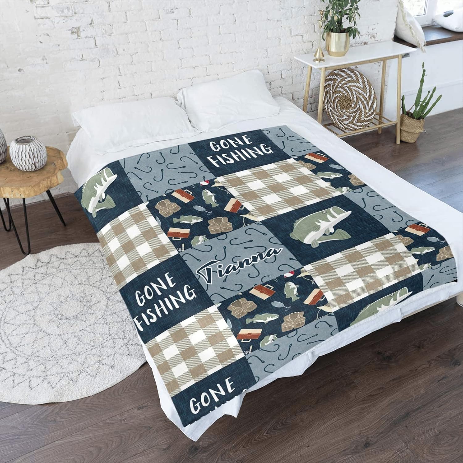 Personalized Gone Fishing Fisherman Plaid Blanket with Name Text Custom Super Soft Fleece Throw Blankets for Couch Sofa Bed 60 X 80 inches