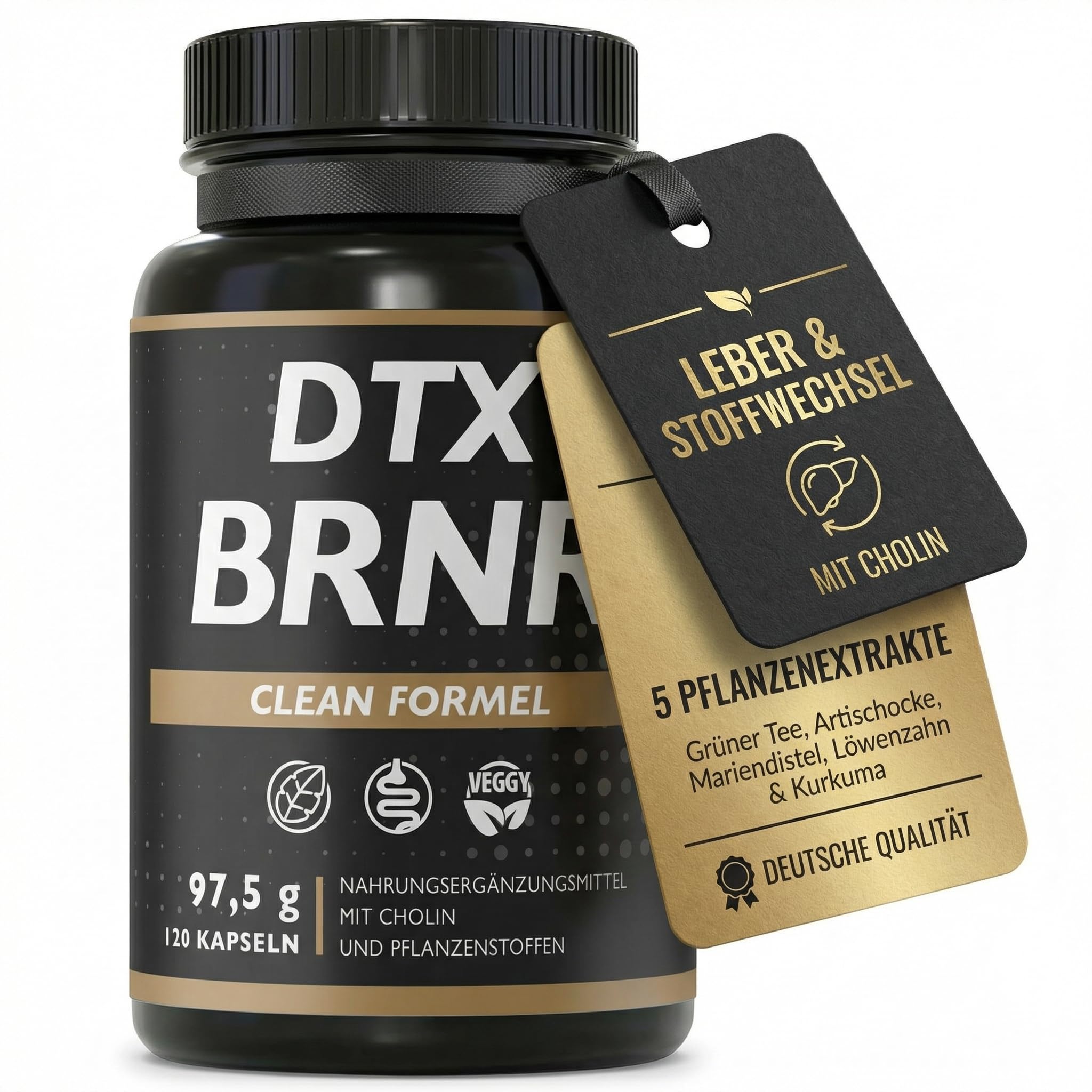 DTX BRNR Leber Komplex + Stoffwechsel Kapseln mit Cholin, Grüner Tee, Artischocke, Mariendistel, Löwenzahn & Kurkuma, 120 vegane Kapseln