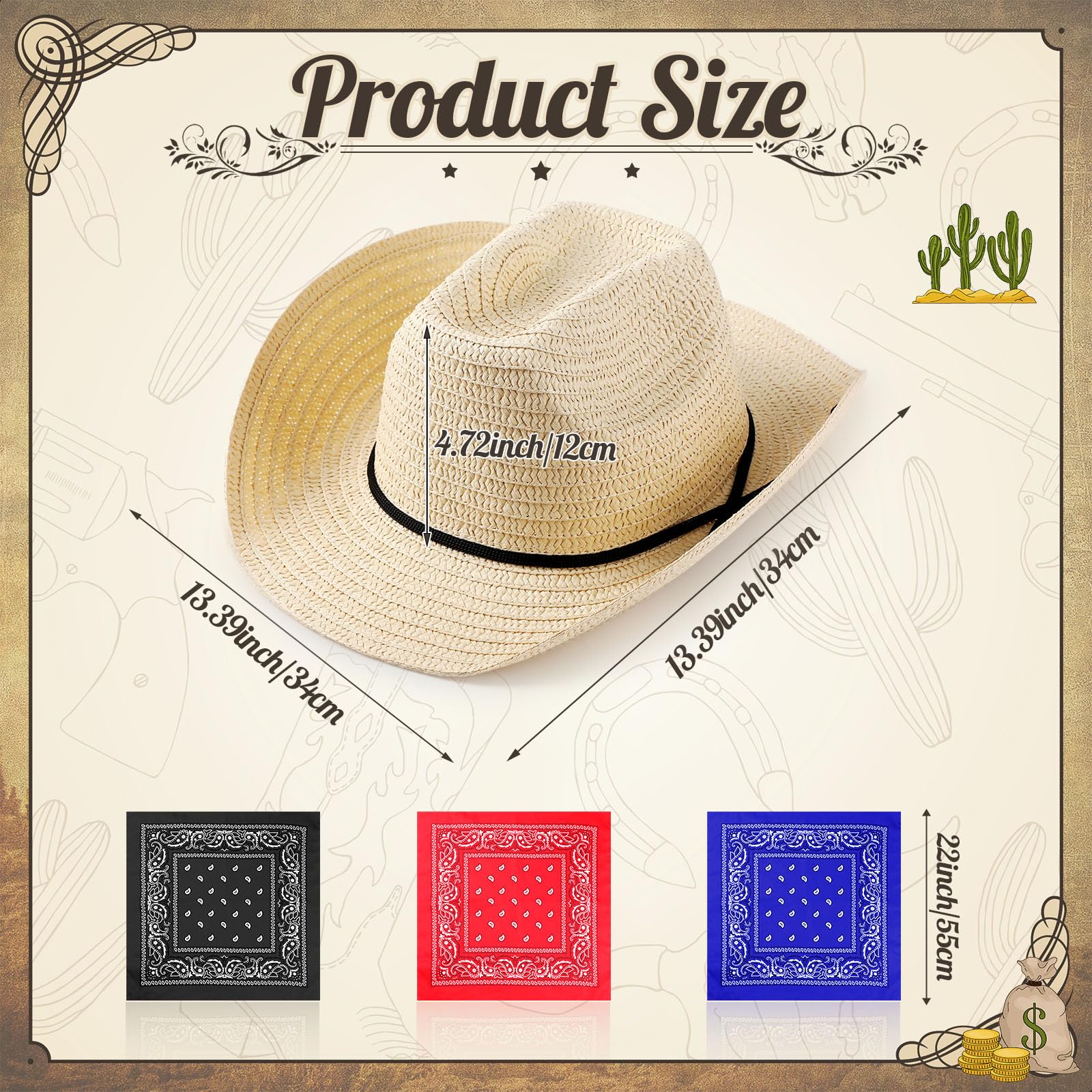 Unittype 48 Set Straw Cowboy Hats with Paisley Bandanas Set Rodeo Cowboy Party Accessories 48 Straw Hats Black Red Blue Bandanas for Western Birthday