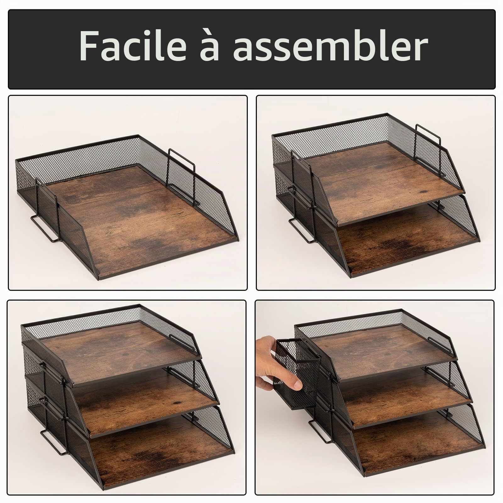 Bac à courrier vintage en bois et métal, empilable, pour fichiers, magazines, courrier, organiseur de fichiers en bois vintage avec porte-stylo (3 couches)