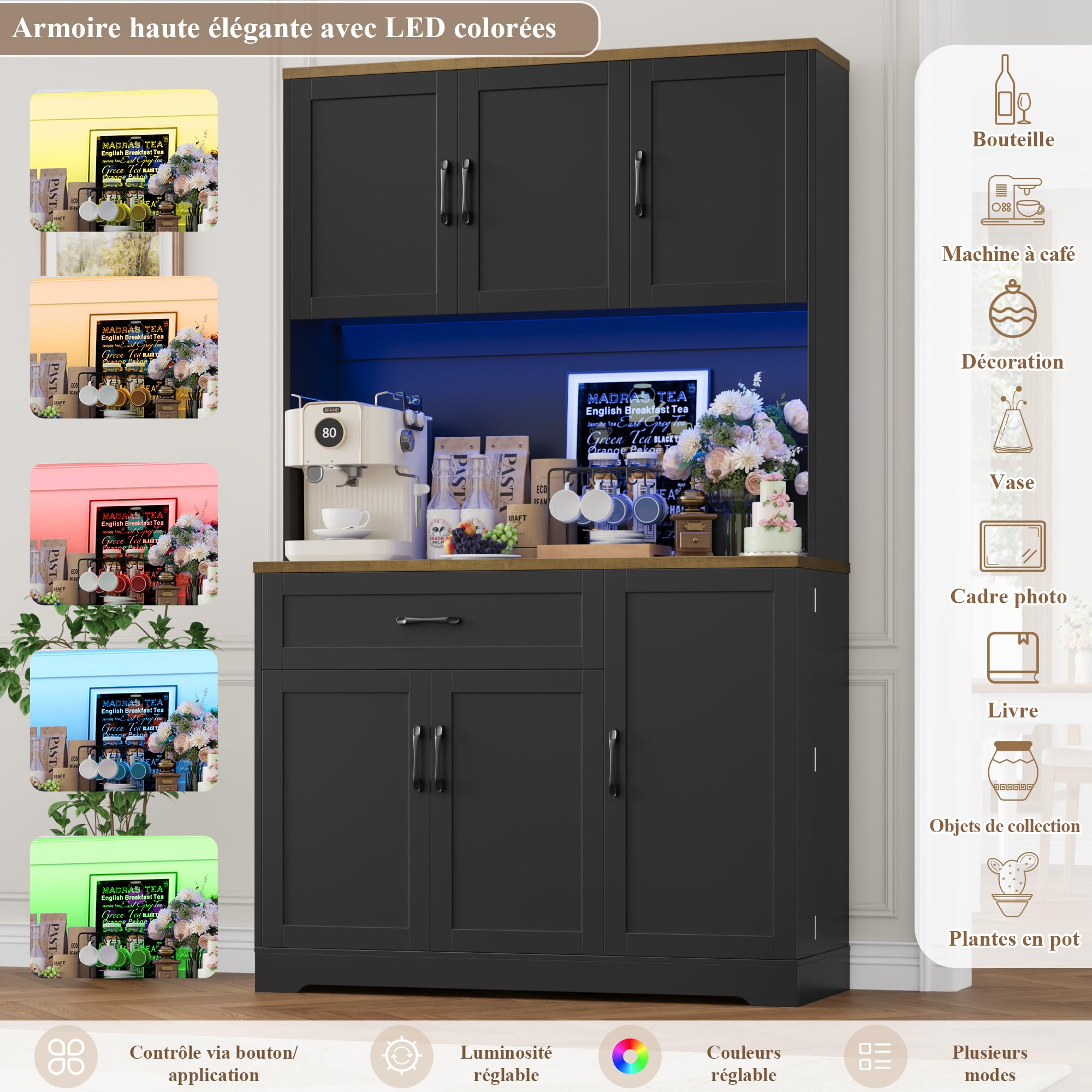 FirFurd Buffet 180cm Meuble Cuisine Rangement avec LED/Multiprises Noir | 180.5x100x38.6cm, Vaisselier meuble de cuisine avec étagère à épices et réglables, grand tiroir, Pour salle à manger, salon