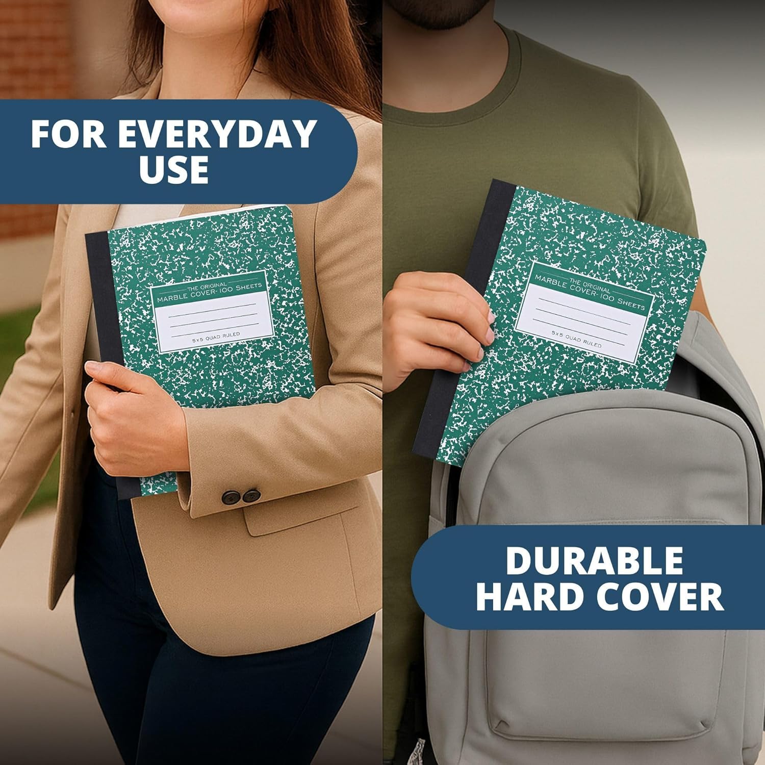 ROARING SPRING Hard Cover Composition Notebook, 24 Pack, Green Marble Comp Book, 9.75″ x 7.5″, 5x5 Grid Graph Ruled, 100 Sheets (200 Pages), Made in USA