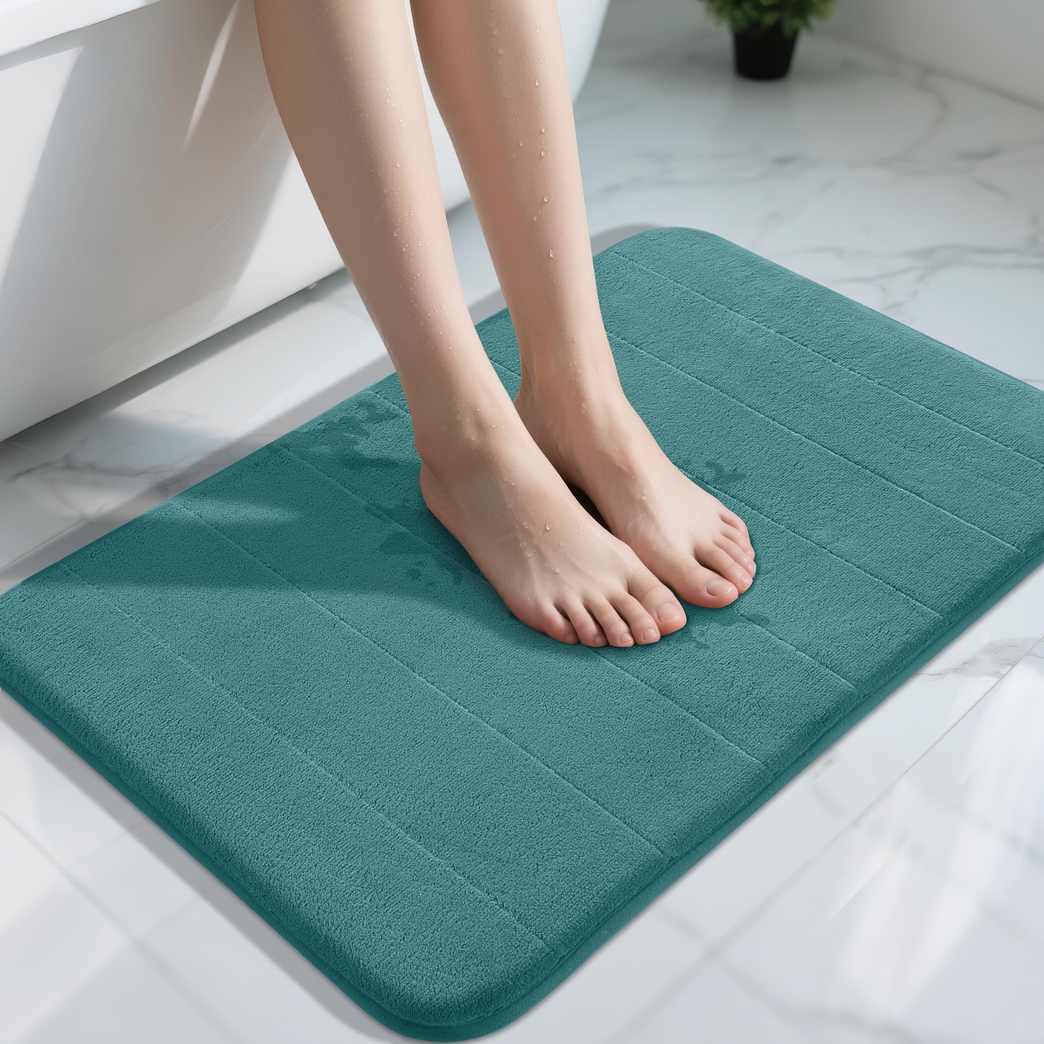 Yimobra Teal Bath Mat 31.5x20 Inch, Super Soft Absorbent Memory Foam Bathroom Rug Non Slip, Quick Dry, Machine Washable Floor Carpet for Tub Shower,