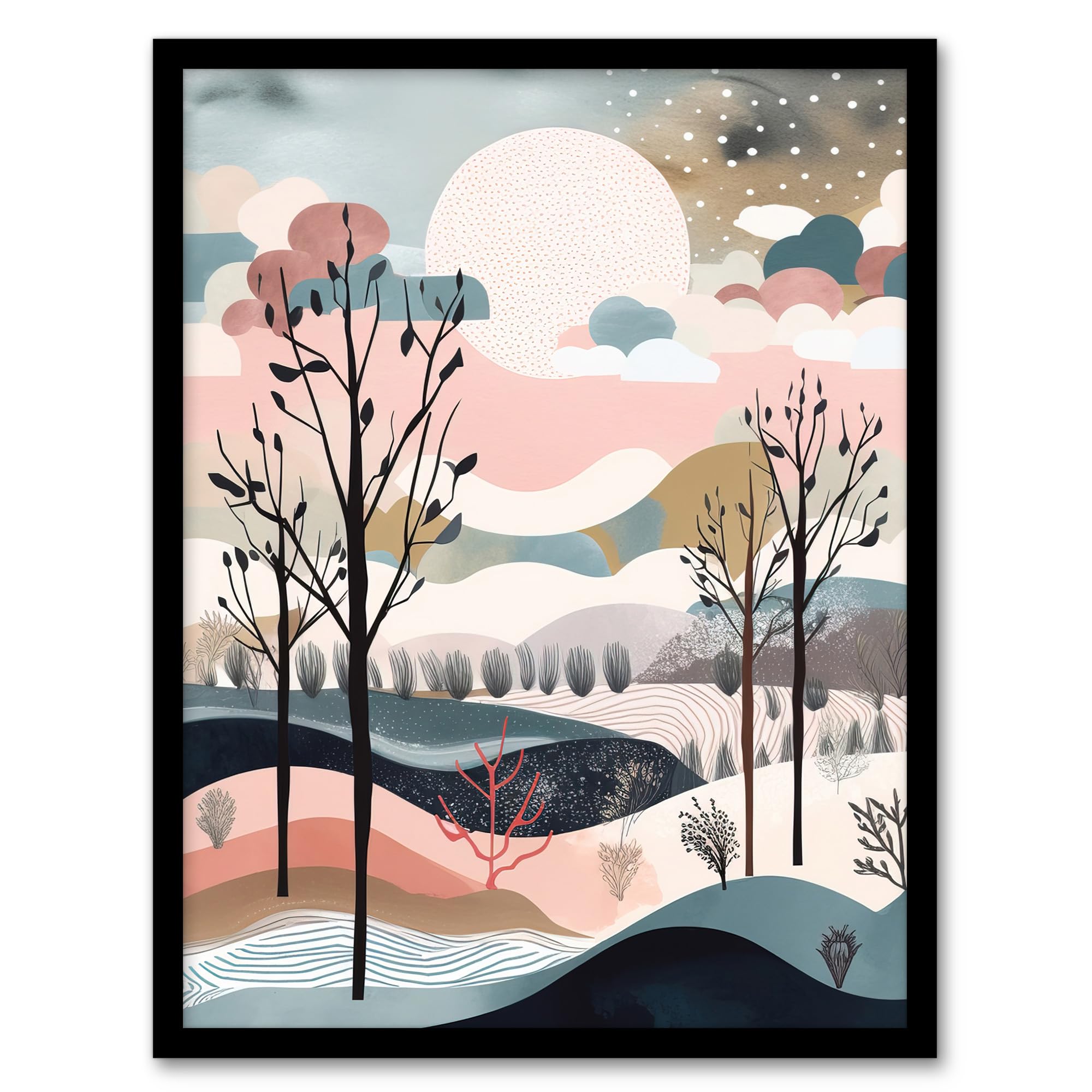 Wee Blue Coo Winter Countryside Landscape Boho Artwork Pink Blue Morning Sun Over Fields Artwork Framed Wall Art Print 18X24 Inch