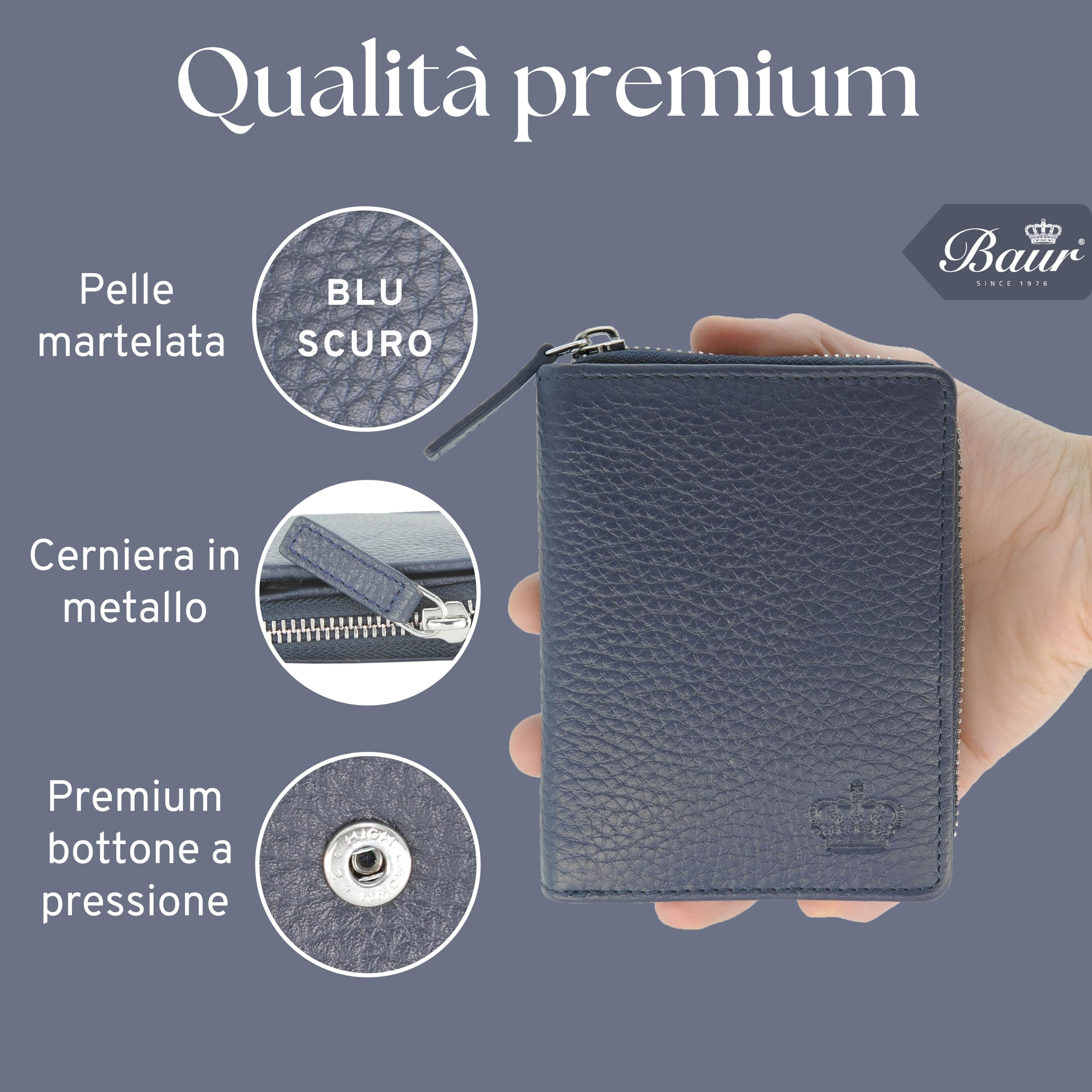 Baur portafoglio da donna – vera pelle con protezione RFID – portafoglio piccolo con 6 scomparti per carte – chiusura a bottone a pressione & tasca portamonete con cerniera (Blu scuro)