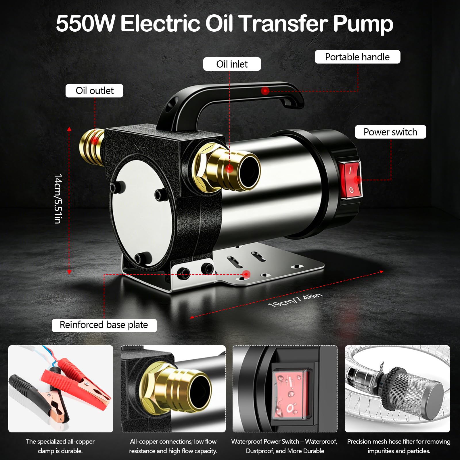 Pompa Travaso Gasolio 12 V 550 W, portata 50 L/min, con tubo da 3 m e pistola, pompa carburante portatile per diesel, biodiesel, cherosene e gasolio – Per casa, fattoria e cantiere