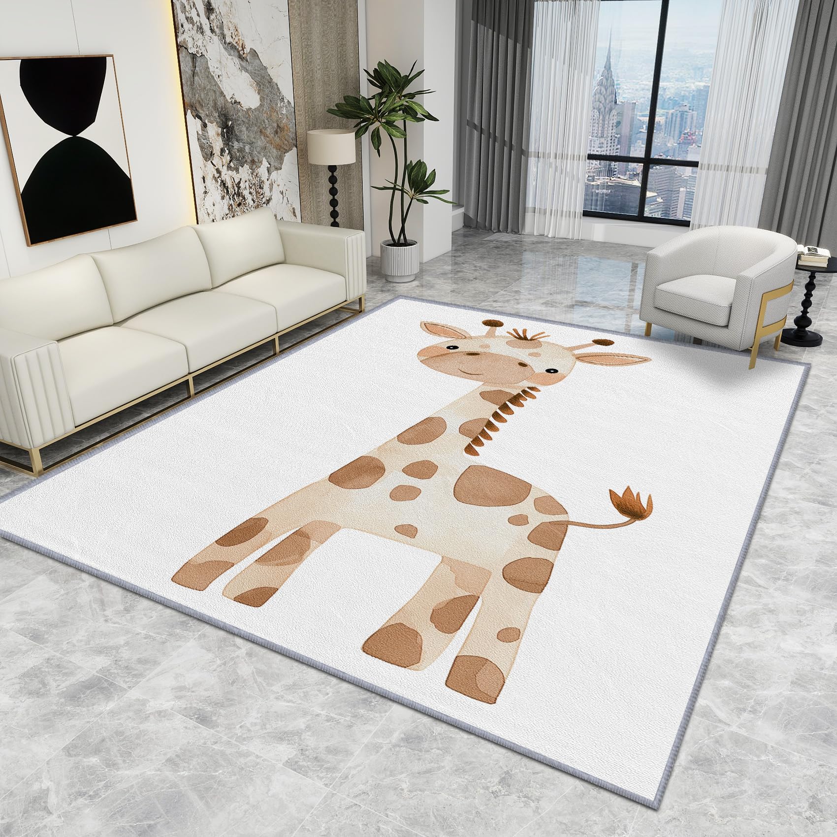 Giraffe Rugs for Nursery - Giraffe Rug - Cute Cartoon Safari White Rugs, Kids Playroom Baby Carpet, Washable Rug Non Slip Low Pile Soft Small Area Rugs, Giraffe Home Decor Gifts, 60 X 110 cm