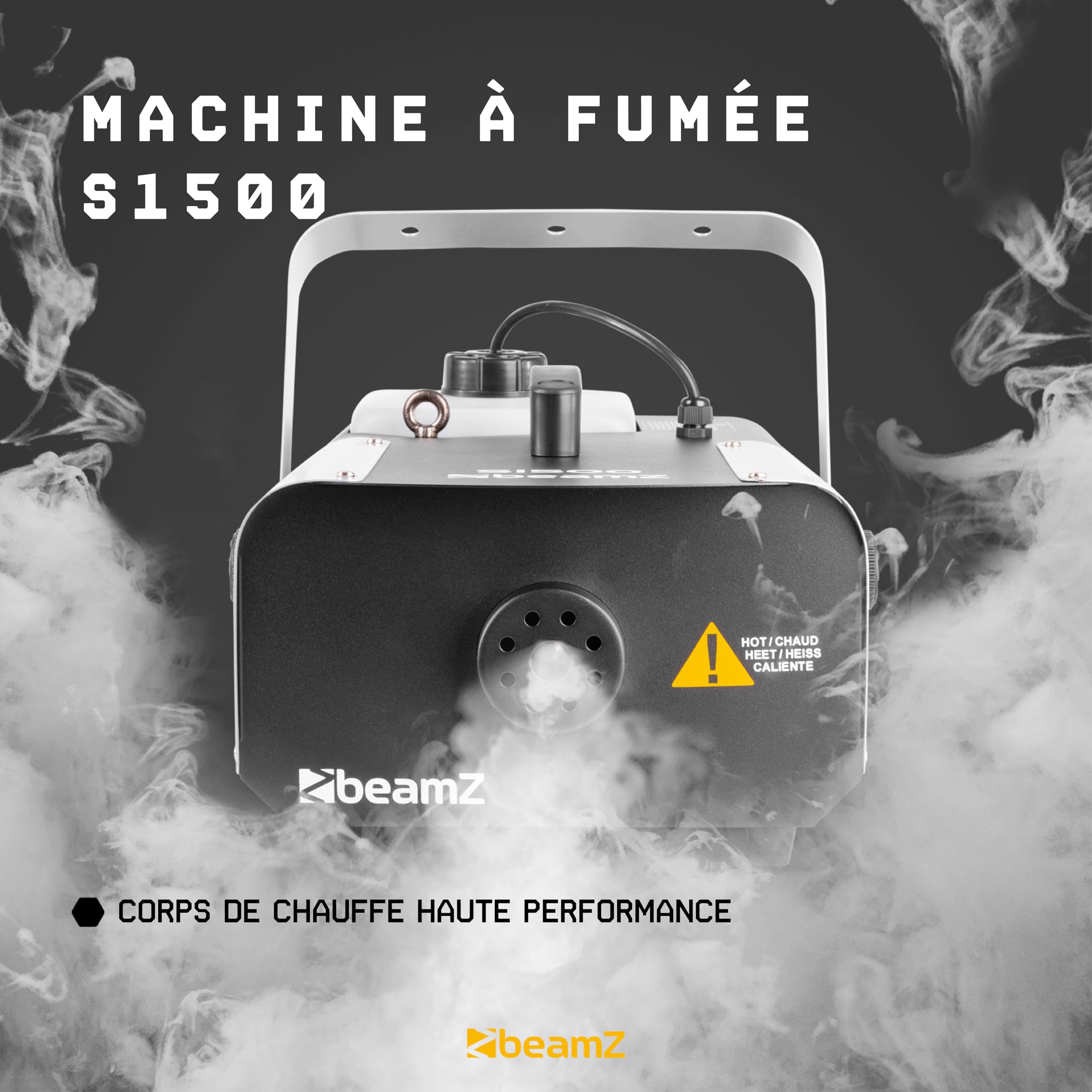 BeamZ S1500 Machine à Fumée 1500 Watts, Télécommande avec Contrôle du Débit et Programmateur, Réservoir 2.5 L, Débit par Minute 295m³, Étrier de Montage, Idéal pour Scène ou Discothèque