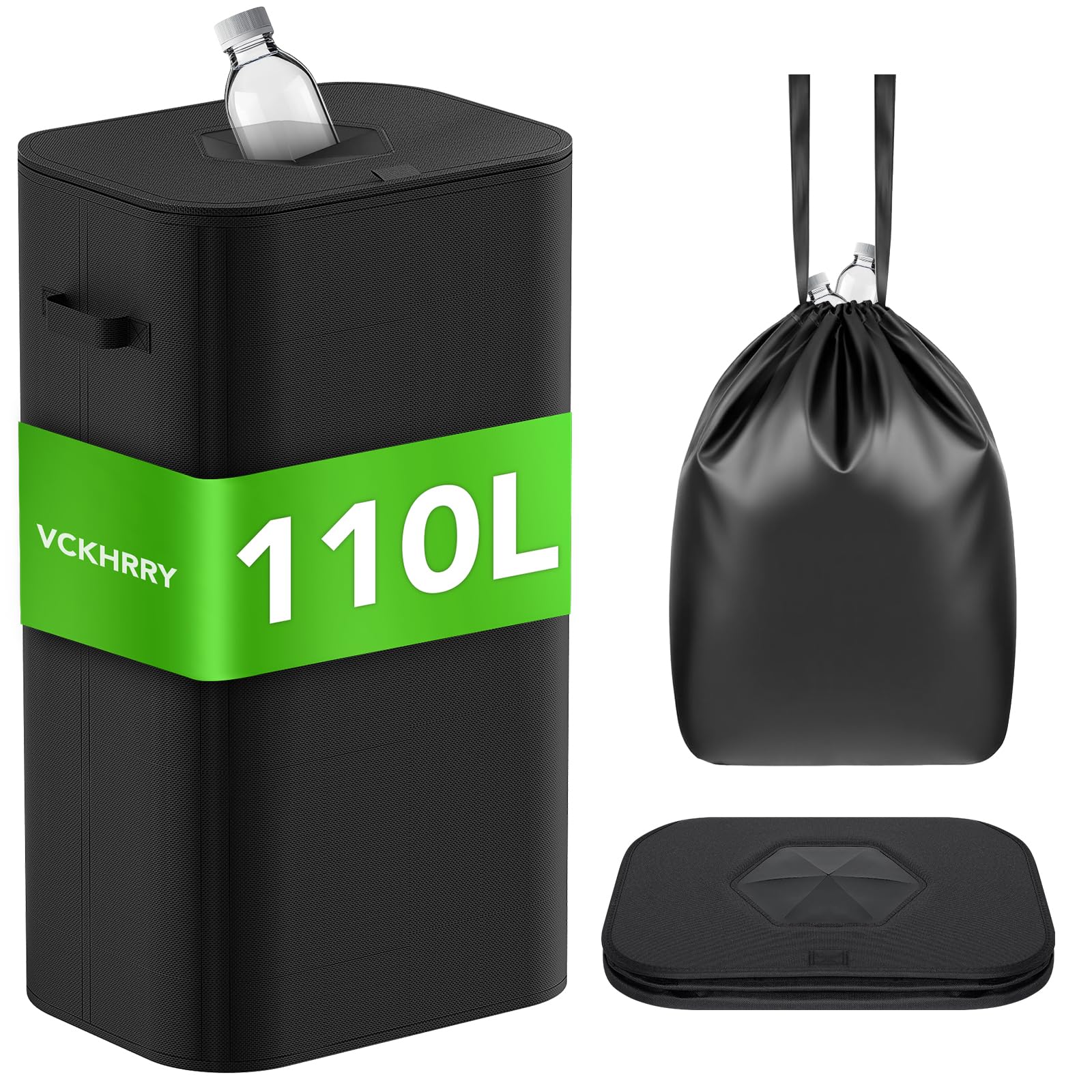 Contenitore Raccolta Bottiglie 110L Con Coperchio Forato - Borsa Trasporto Rimovibile, Per Riciclaggio Vetro E Plastica, Nero