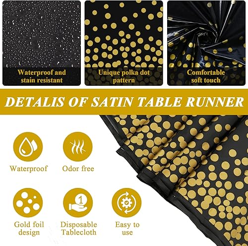 Miniatura 3 de Paquete de 3 manteles de plástico para fiestas, desechables, mantel negro y dorado para mesas rectangulares de 8 pies, decoración de cumpleaños,