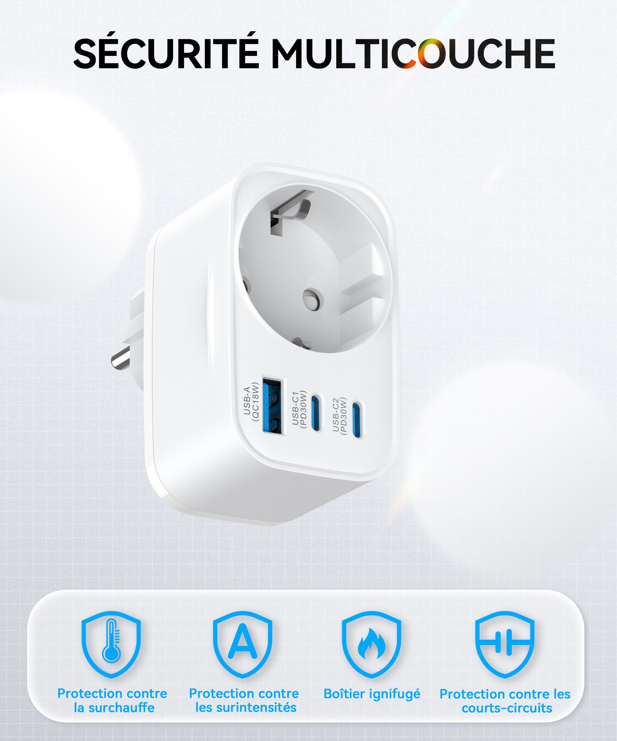 TOPADRE 2-Pack Prises Allemandes Murale avec 2 ports USB-C et USB-A, Chargeur Rapide 30W, Multiprise 4 Sorties, Adaptée aux Appareils Sans Terre, Prise Schuko 3680W avec sécurité enfant pour téléphone