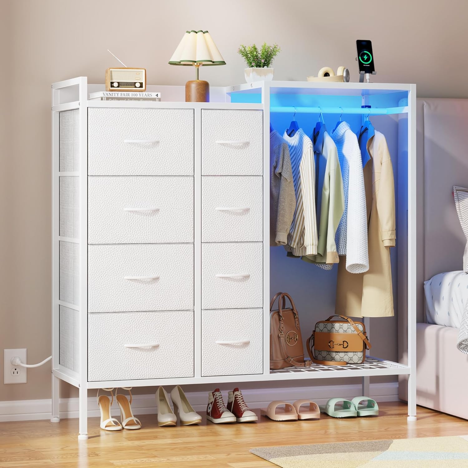 HIGDBFE 8-Drawer Dresser with Hanging Rack, Charging Station & RGB LED Lights - White Bedroom Chest for Kids Room, 11.8"D