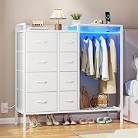 HIGDBFE 8-Drawer Dresser with Hanging Rack, Charging Station & RGB LED Lights - White Bedroom Chest for Kids Room, 11.8"D
