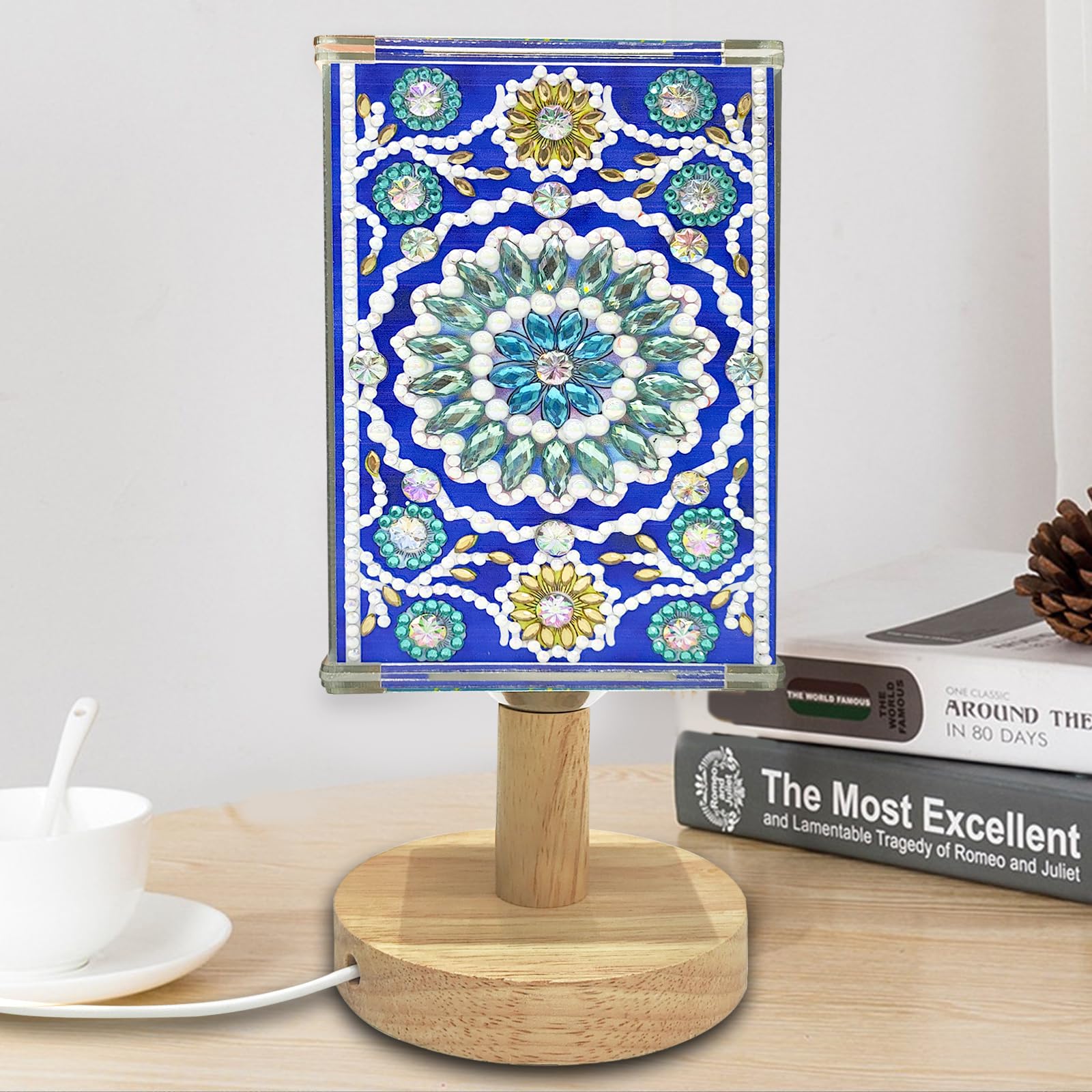 LUSandy Kit di luci notturne con mandala verde con pittura a diamante fai da te lampada