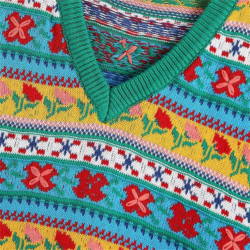 RWRAPS Chaleco Casual Todo Fósforo Floral de Punto Jacquard Chaleco Suéter Retro con Cuello en V Sin Mangas Chaleco de Mujer Top Elegante (Color: D, Tamaño: M Código) (Código DL)