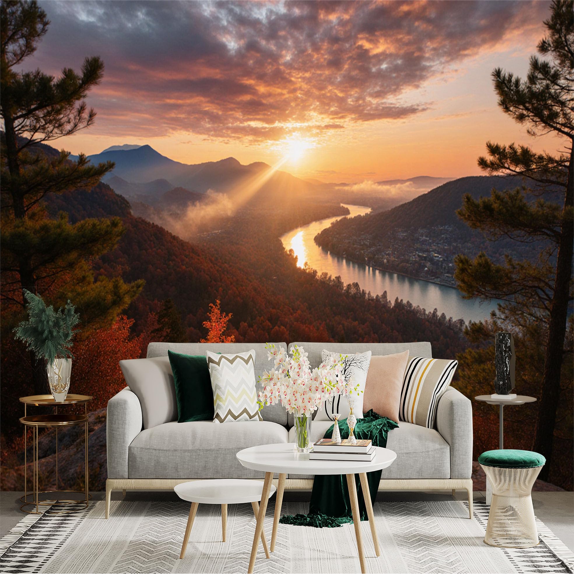 Custom Size Wall Sticker Mural， Sunset Over River Valley with Mountains and Autumn Forest， for wall Decoration， peelandstick wall Decals.