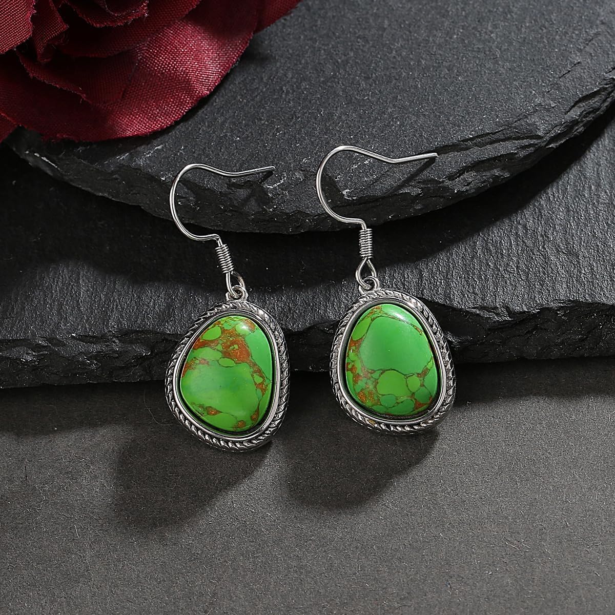 Rose Quartz/Black Onyx/Copper Turquoise Earrings for women,Copper Turquoise Earrings,Stainless Steel Gemstone Dangle Earrings for Women - Image 3