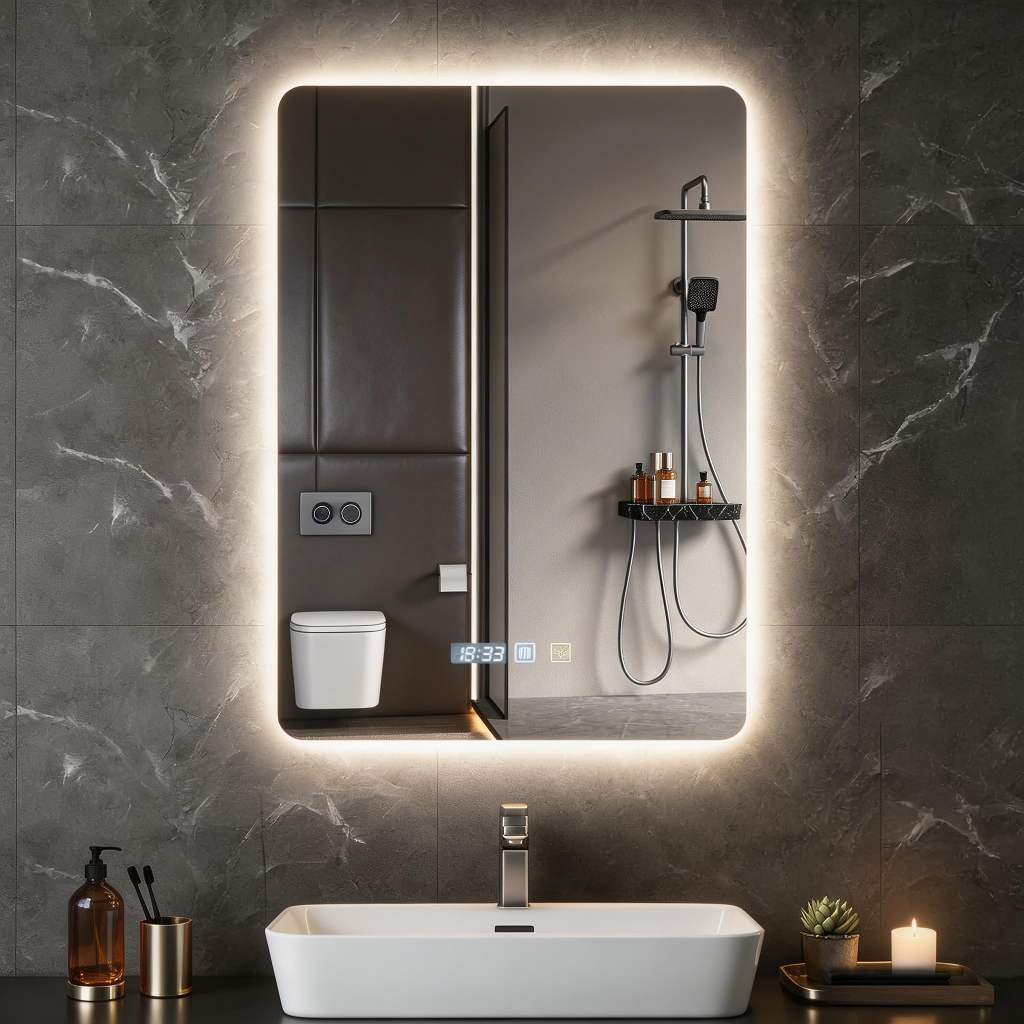 Specchio Bagno con Luce, quadrato 50×70cm e doppio interruttore touch, antiappannamento, luce dimmerabile a 3 colori, specchio demister con retroilluminazione per bagno