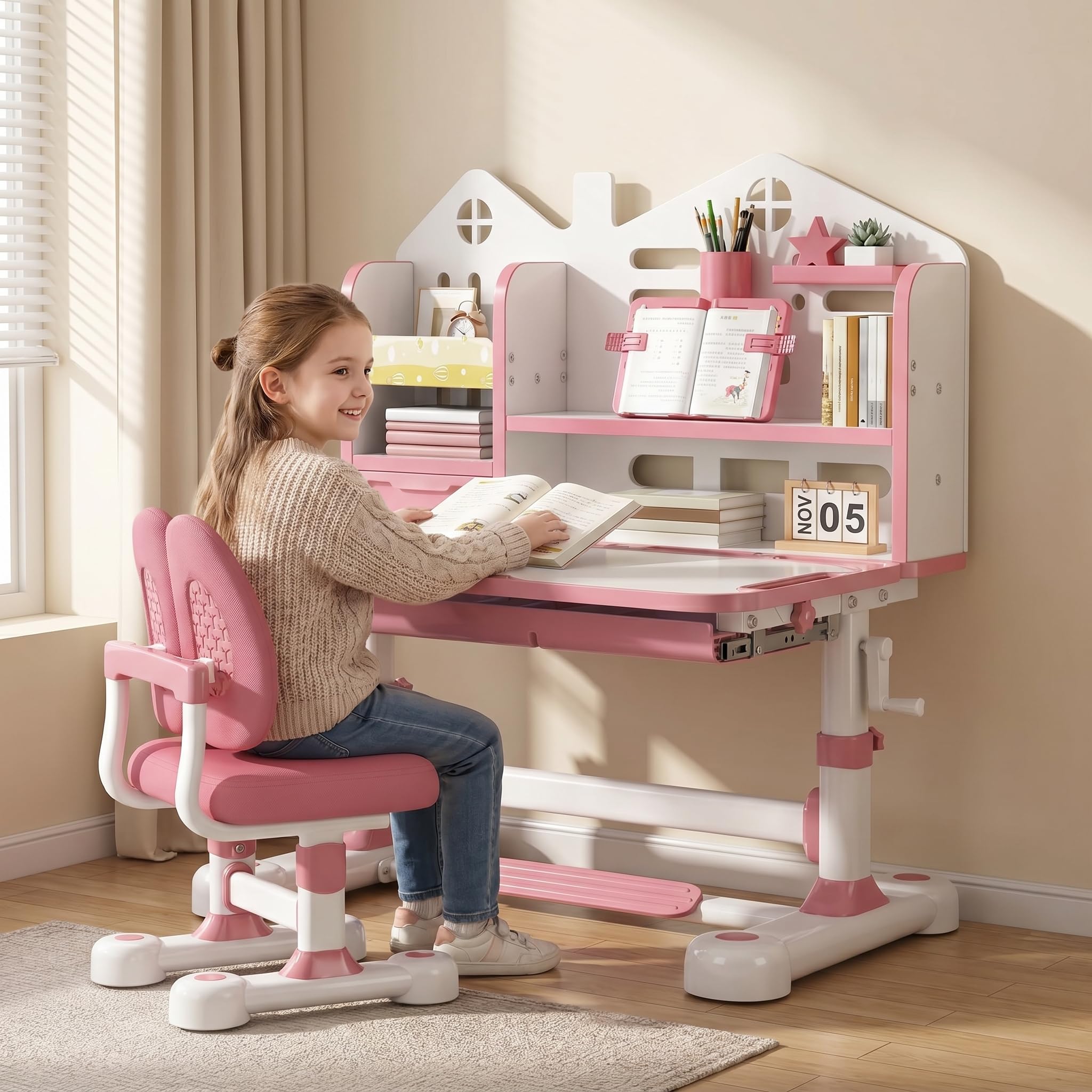 joukares Kids Desk and Chair Set, Height Adjustable Study Table with 50° Tilting Desktop, Storage Shelves, Drawer, Children’s Writing Desk for Homework, Reading, Drawing, Bedroom Study