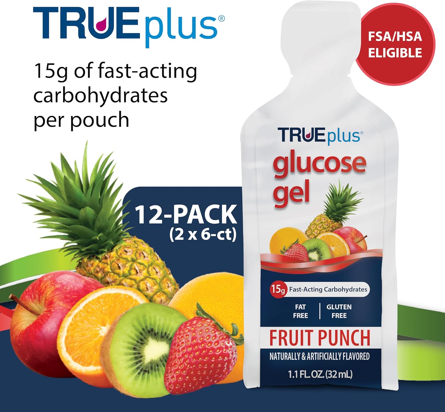 TRUEplus Glucose Gel Pouch, Fruit Punch Flavor, 15g Fast-Acting Carbohydrates Per Serving, Fat Free, Gluten Free, Boost Energy, 12 Pack