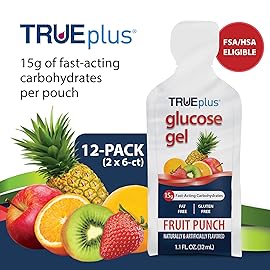 TRUEplus Glucose Gel Pouch, Fruit Punch Flavor, 15g Fast-Acting Carbohydrates, Fat Free, Gluten Free, Quick Support for Low Blood Sugar and Energy, 12 Pack