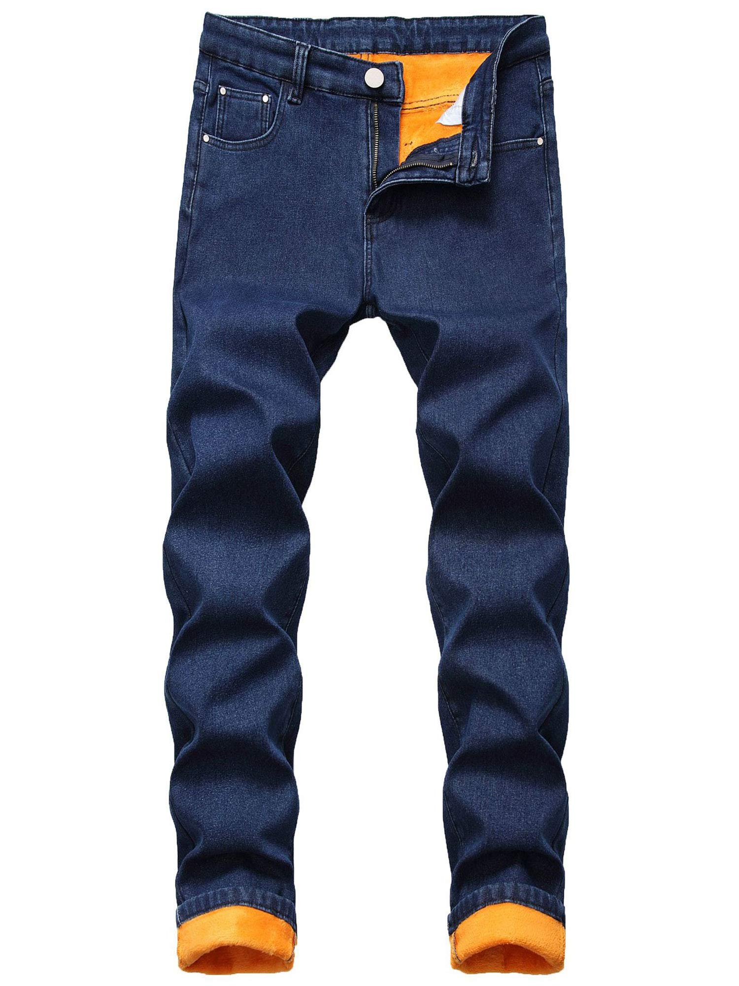 AchinelMen's Fleece Lined Jeans Denim Trousers Winter Warm Thick Pants with Pockets
