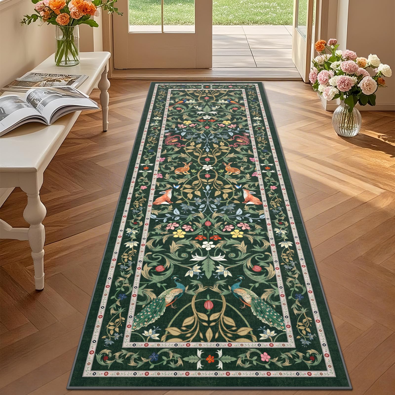 TUKDAK Runner Rugs for Hallway Non Slip 60x180cm, Green Animal Washable Kitchen Carpet Runner, Boho Forest Floral Long Hall Rug for Entryway Bedroom Laundry Living Room, Low Pile Non Shedding — image 1