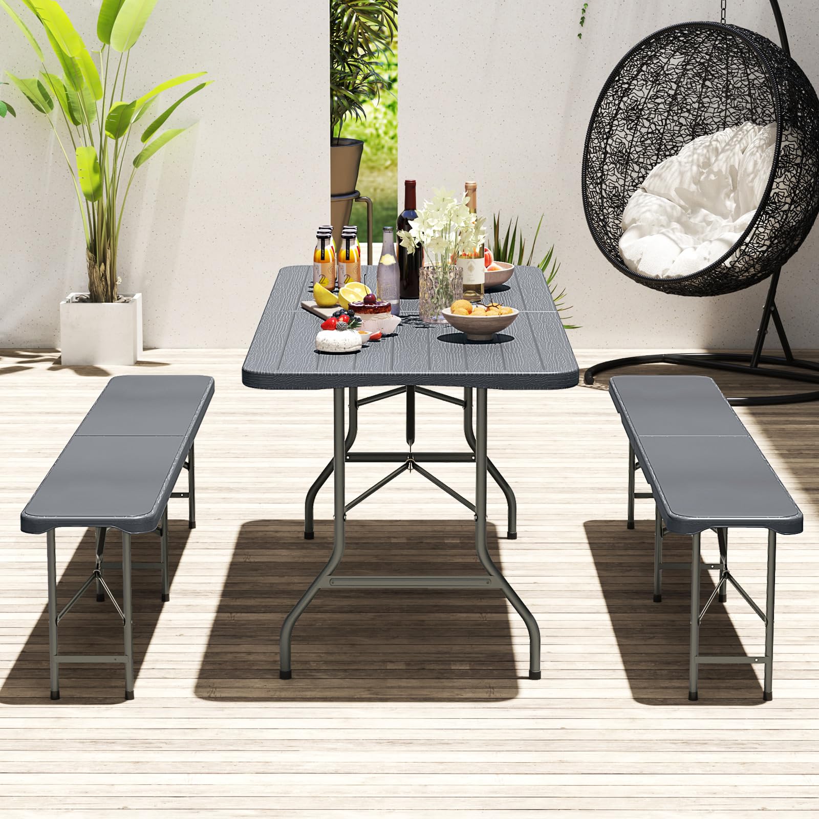 KOMFOTTEU Tavolo Pieghevole in HDPE e Metallo, Tavolo Campeggio Portatile con Maniglia di Trasporto, Tavolo Picnic Salvaspazio per Giardino, Esterno, Carico 160 kg, 180 x 74 x 75 cm (Grigio II)