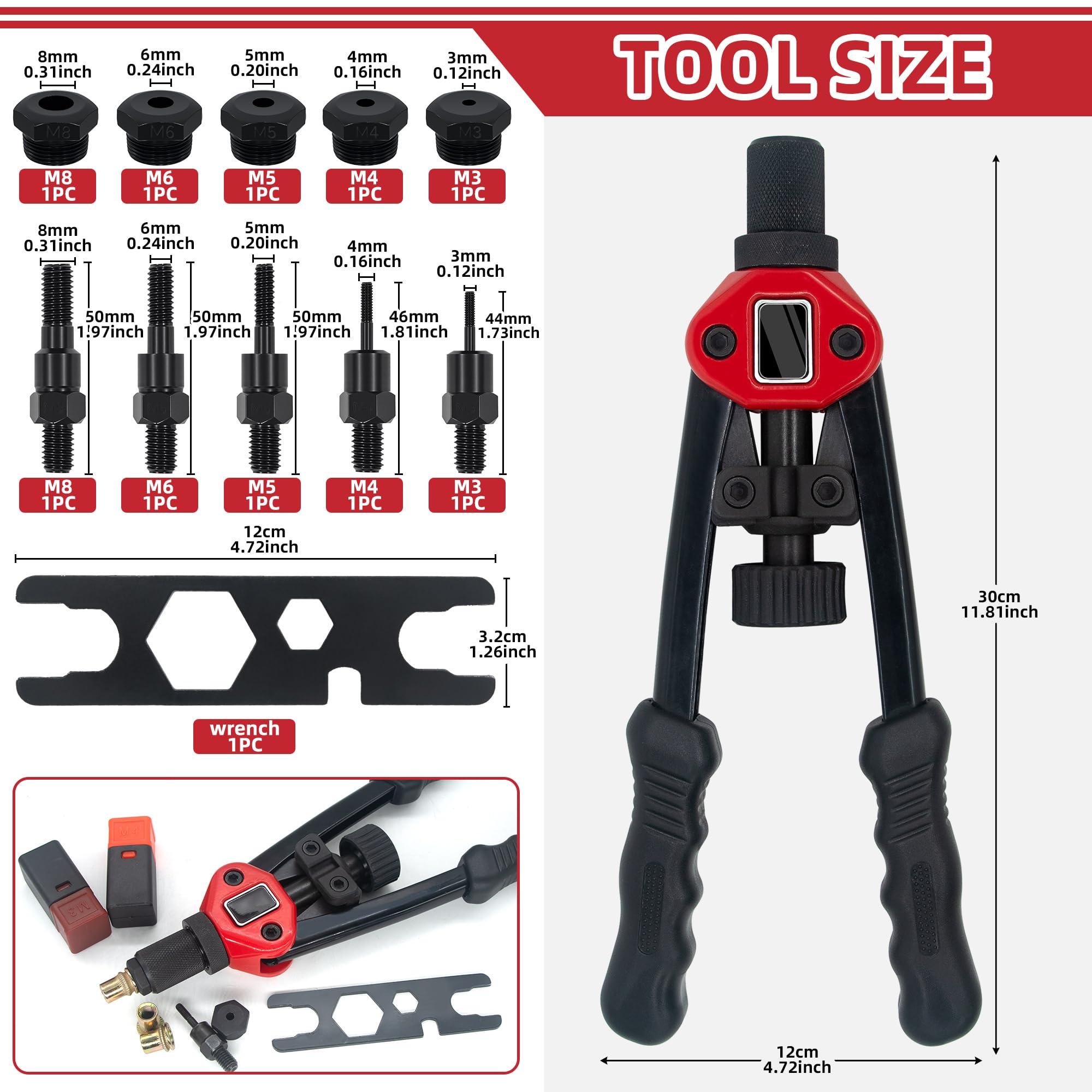 Kit di utensili per rivetti da 35,5 cm con 5 mandrini metrici, rivettatrice manuale professionale
