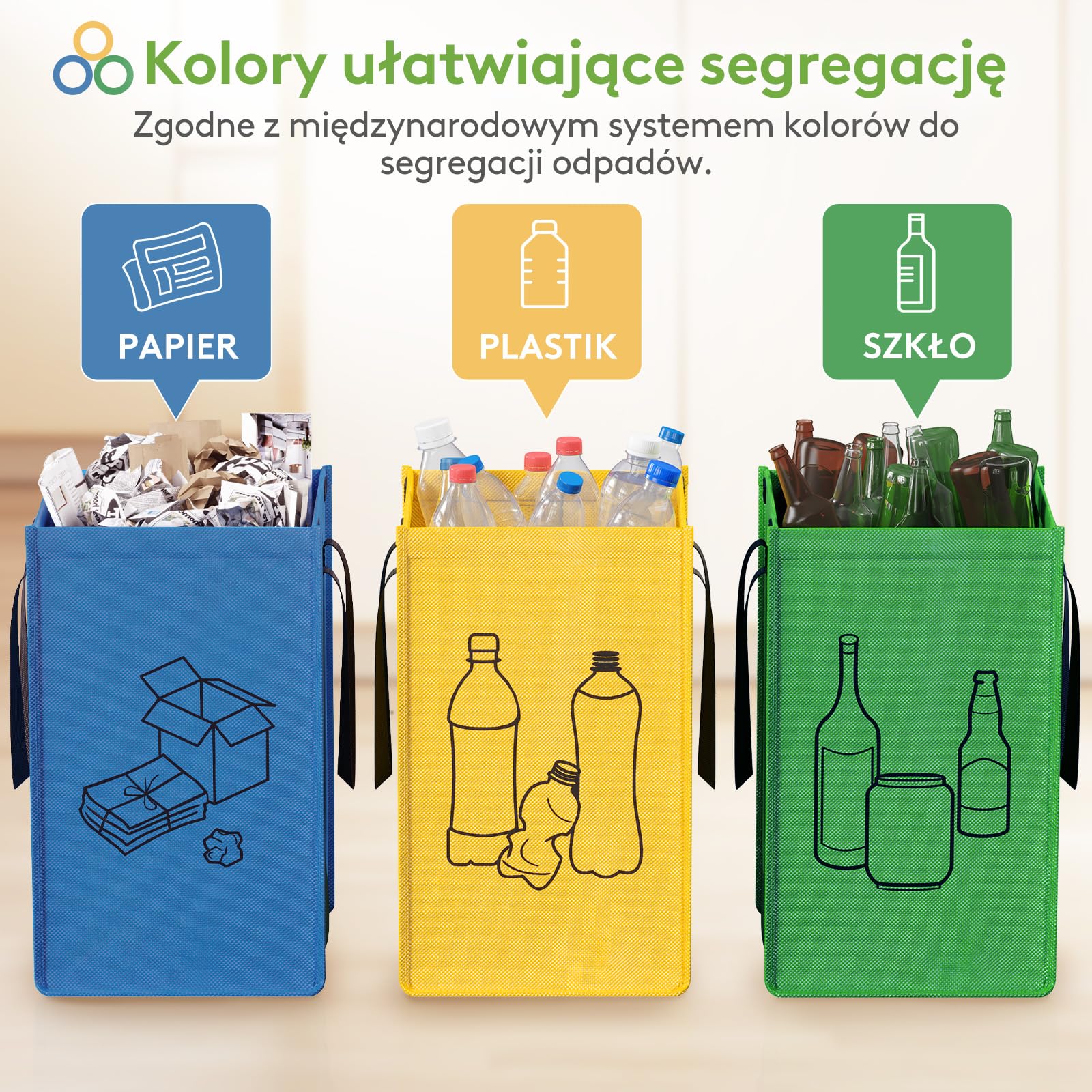 Lifewit System segregacji śmieci z pokrywką, pojemnik na odpady i butelki na kaucję, 3 przegródki na papier, szkło i plastik, recykling, 3 x 45 l, łatwe opróżnianie