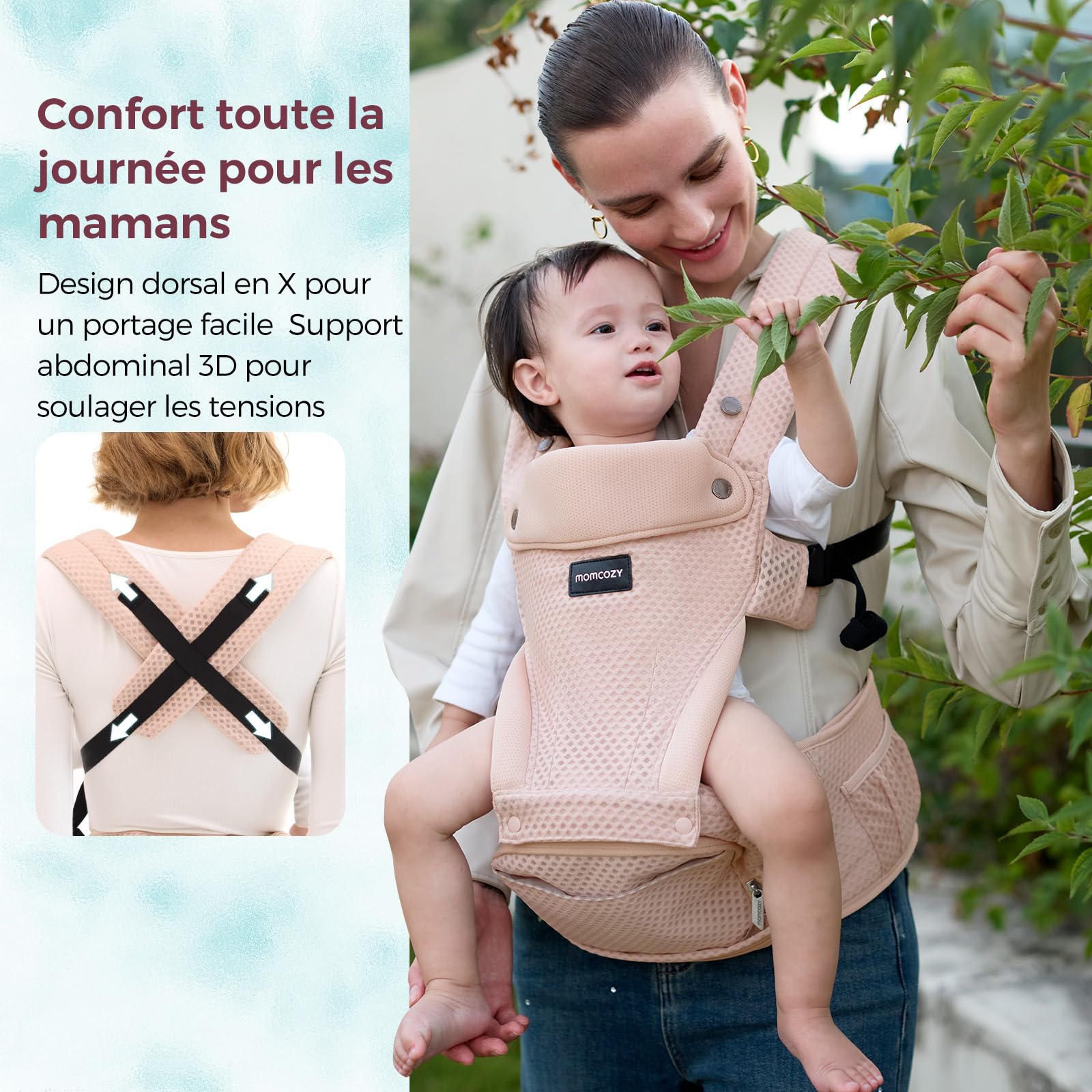 Momcozy Nosidełko dziecięce z poduszką na biodra, 2 w 1, regulowane i zdejmowane, do 20 kg, różowe