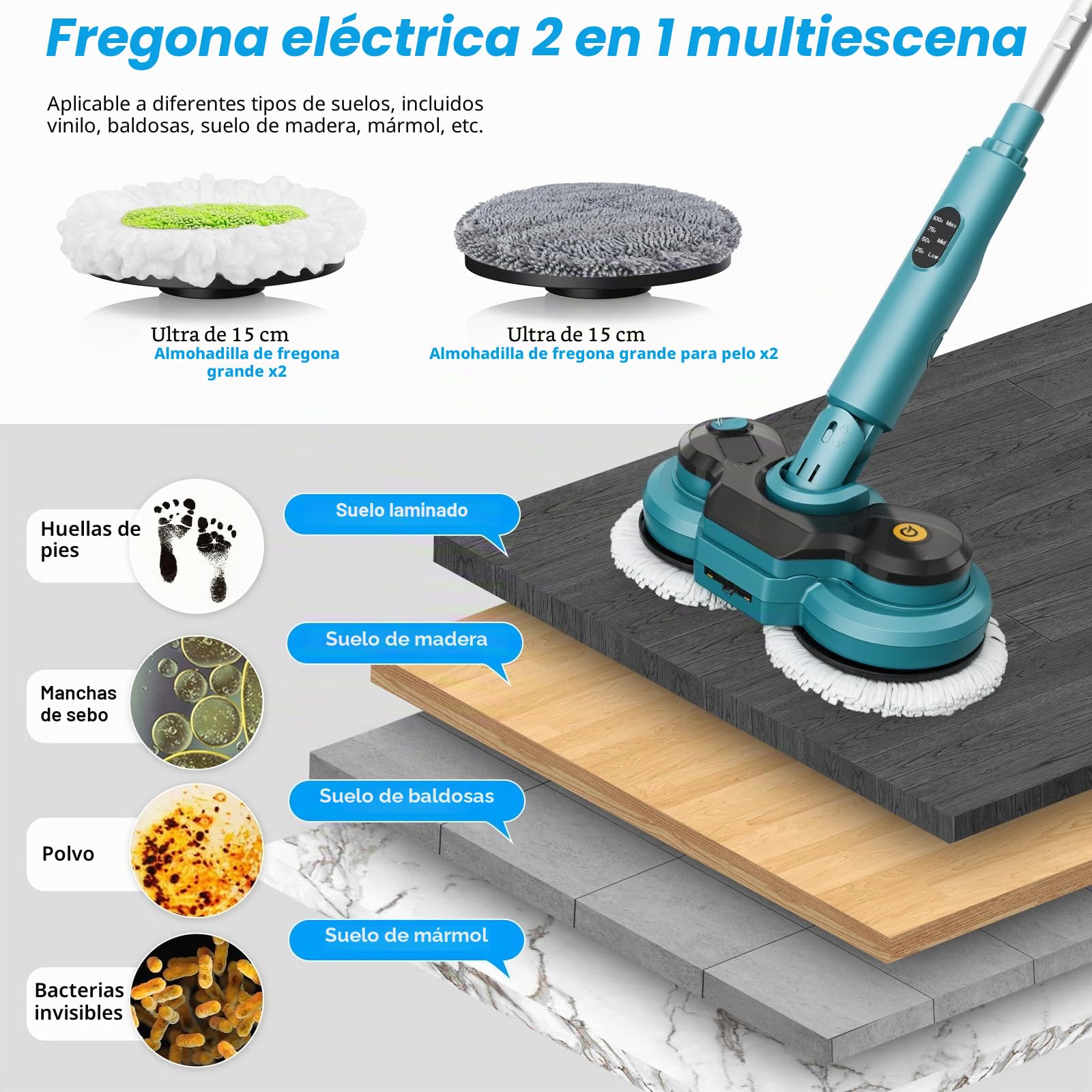 Mopa eléctrica inalámbrica con 2 baterías de 2000 mAh, fregona de limpieza de pisos de doble giro con pulverizador de agua/faros LED/pantalla inteligente/pulidora de suelo de mano de 400 RPM con