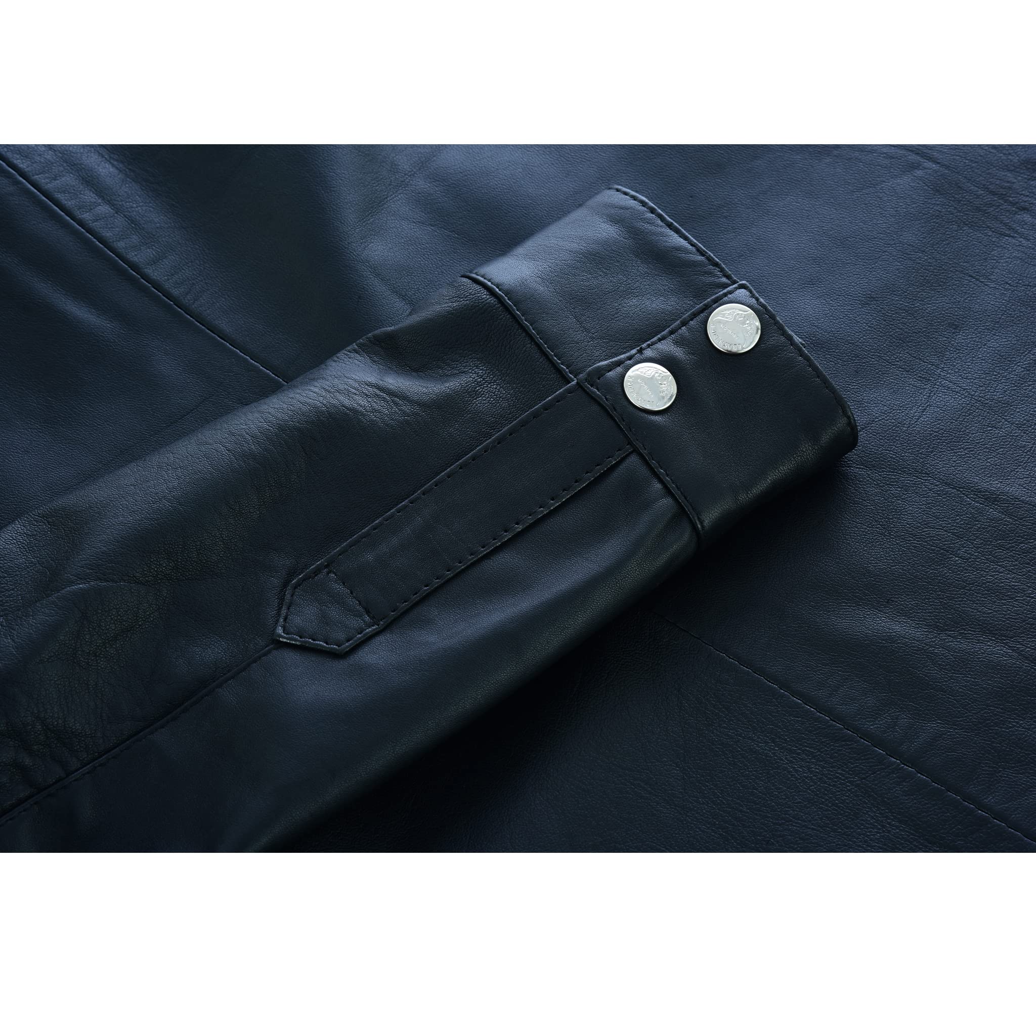 Leatherick Camicia da Uomo in Pelle - Camicia Classica Casual in Montone con Colletto Nero e Bottoni in Ottone Argento