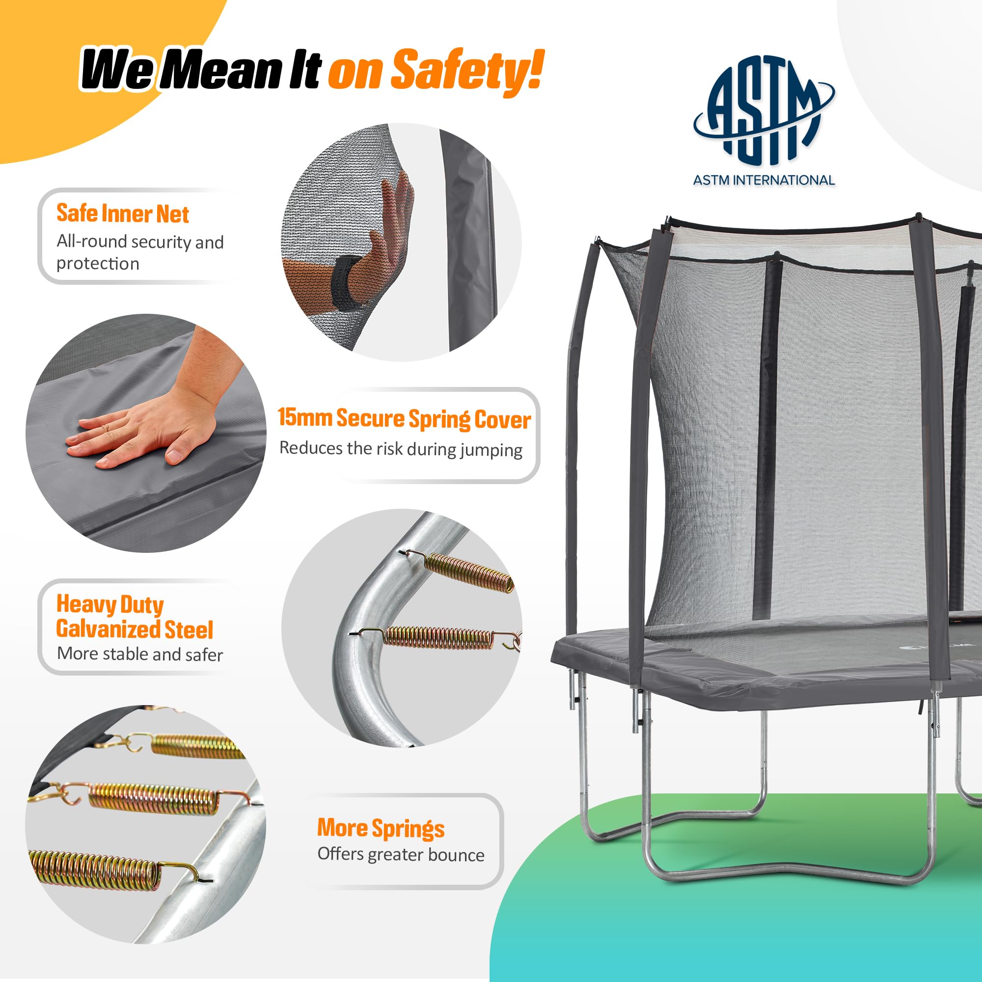 Exacme 7X10 8X12 Foot Rectangle Trampoline for Kids, Double Enclosure Openings, Small Outdoor Rectangular Trampoline with Enclosure Net, 4 Wind Stakes, Storage Bag, 330LB Capacity (Gray, 8×12 Feet)