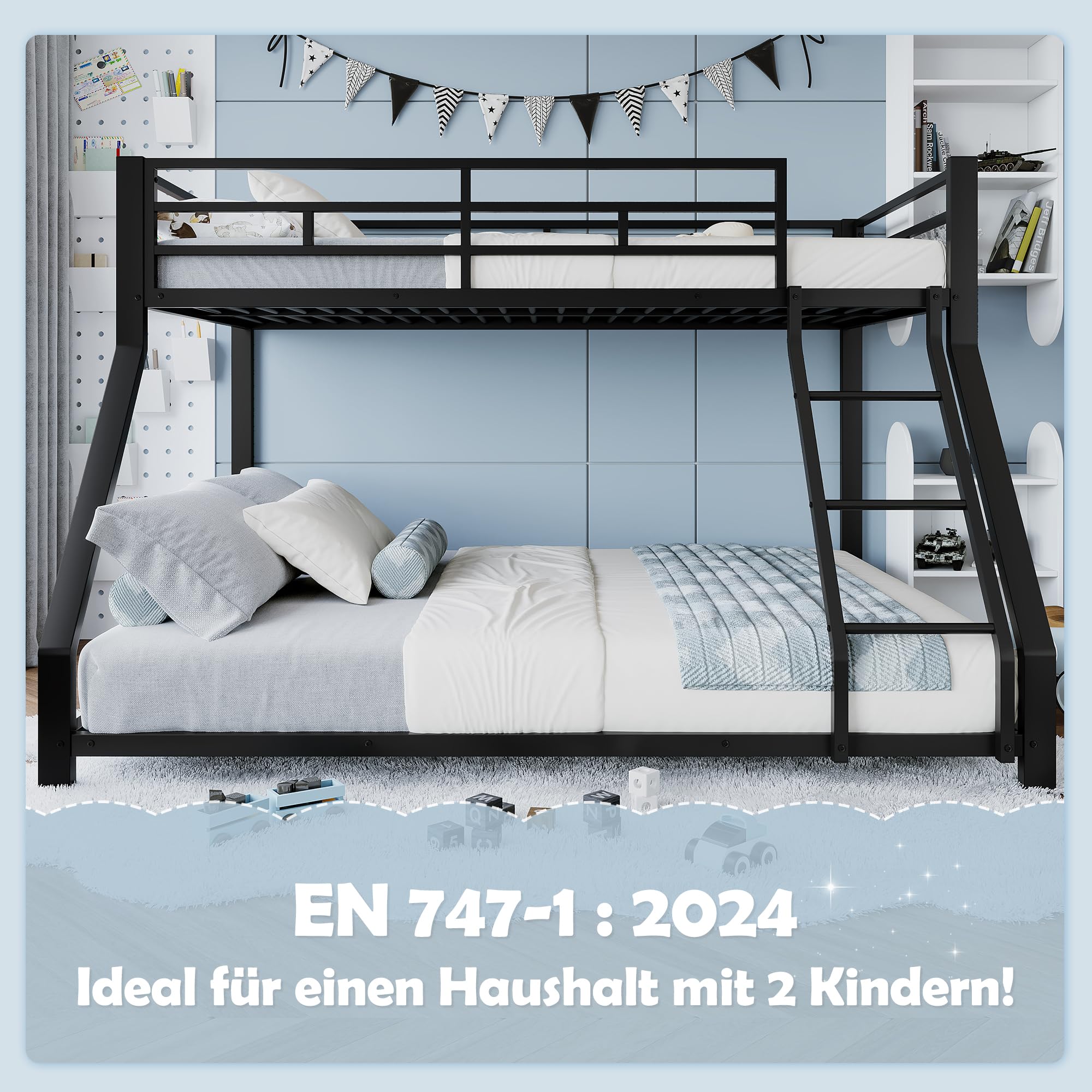 Litera doble para niños, barandilla, con escalera segura, sin colchón, diseño elegante, adecuado para cualquier decoración de habitación infantil, metal, 90 x 200 cm, 140 x 200 cm (negro)