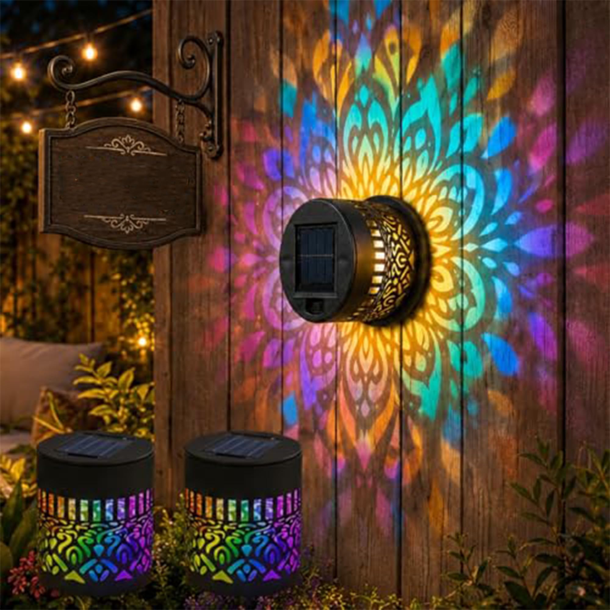 Solar Mandala Light – Stunning Pattern Projection, Solar-Powered Decor Projection Light, 2-in-1 Floor & Wall Design & IP65 Waterproof Auto On/Off, for Yard Garden Patio Backyard Post (2, Colourful)