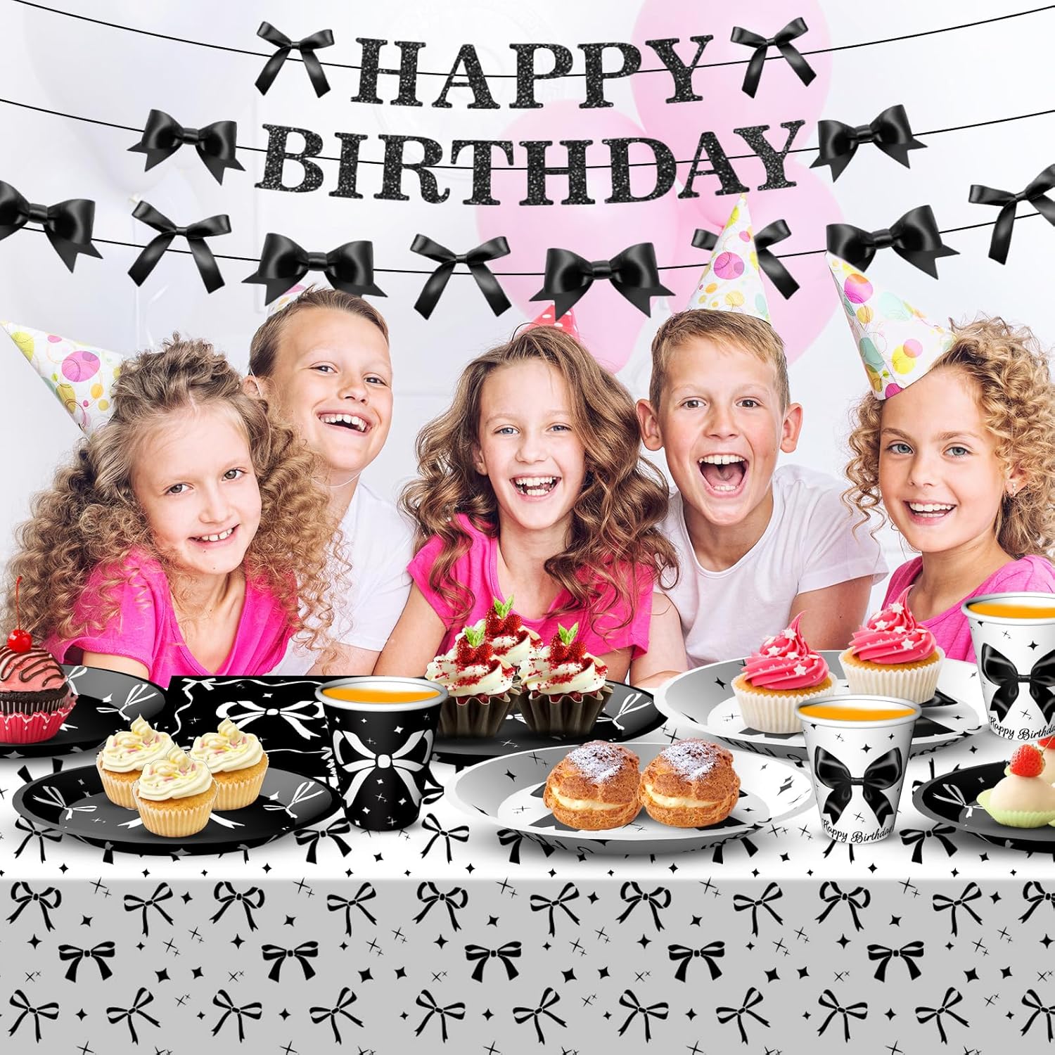 Black Bow Birthday Party Supplies Girl Coquette Birthday Party Decorations Includes Black Bow Plates Napkins Cups Tablecloth Banner for Bow Theme Party Decorations, Serve 24 - Image 6