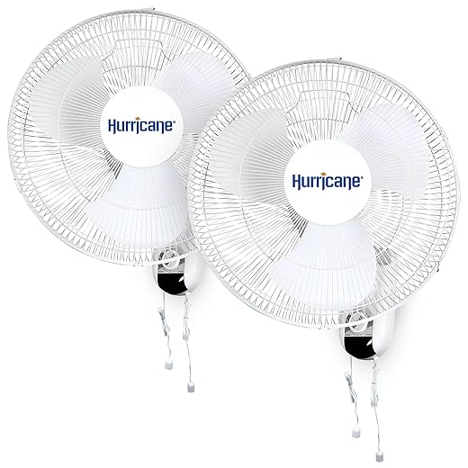 Hurricane Classic 16" Wall Mount Oscillating Fan – Powerful 3-Speed Airflow, Quiet Operation, Adjustable Tilt for Home, Office, and Grow Tents, 2 Pack