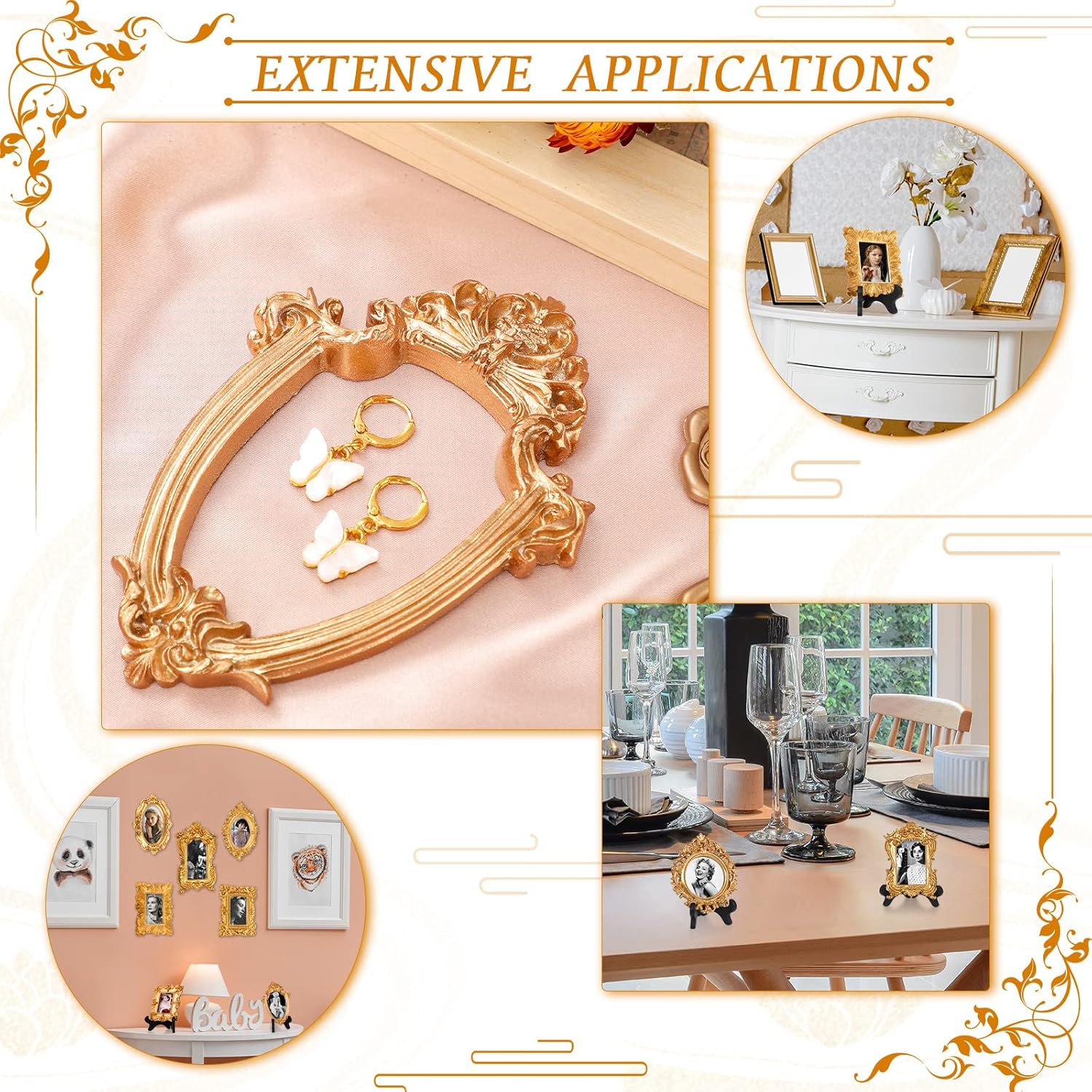 Remerry 10 Pcs Vintage Picture Frame Antique Mini Frame Small Photo Display Miniature Tiny Resin Jewelry Display 4 Inch Black Plastic Stand for Home Wedding(Gold)