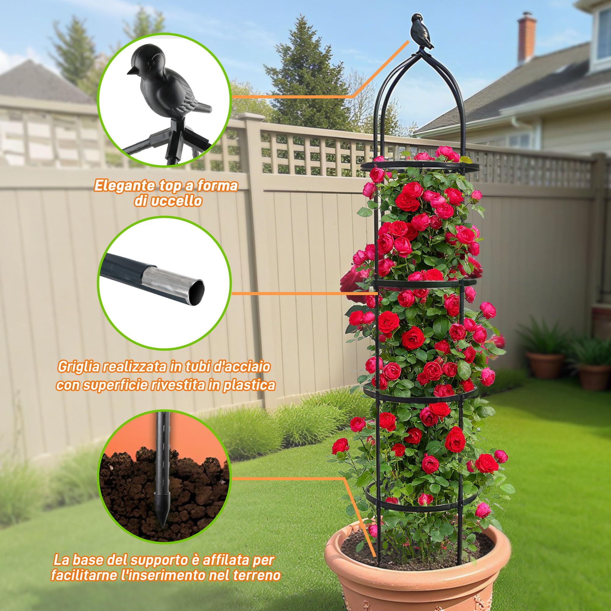 Obelisco da Giardino 175 CM per Piante Rampicanti - Griglia di Supporto Metallica da 6FT per Interni/Esterni, Ortaggi e Frutta