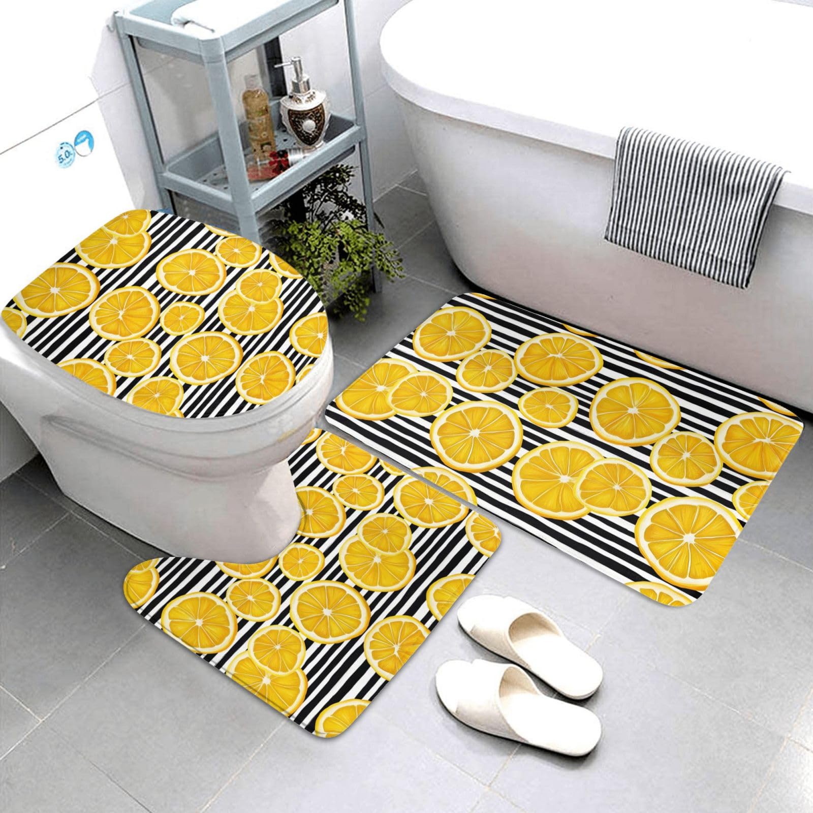 Lot de 3 tapis de salle de bain à rayures avec housse pour abattant de toilette lavable
