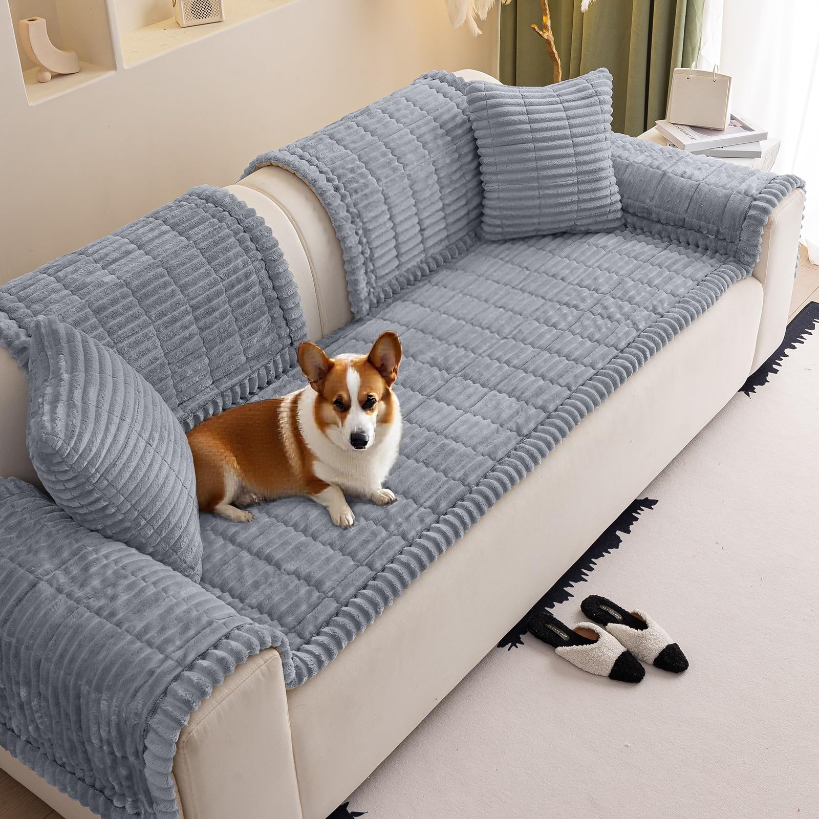 VFGFDJNDFX slumber paws sofa covers, Corduroy Sofa Cover 1 2 3 4 Seater, Non-Slip Plush Sectional Sofa Slipcovers, Pet Proof Furniture Protector (Whisper Light Grey,60 * 90cm)