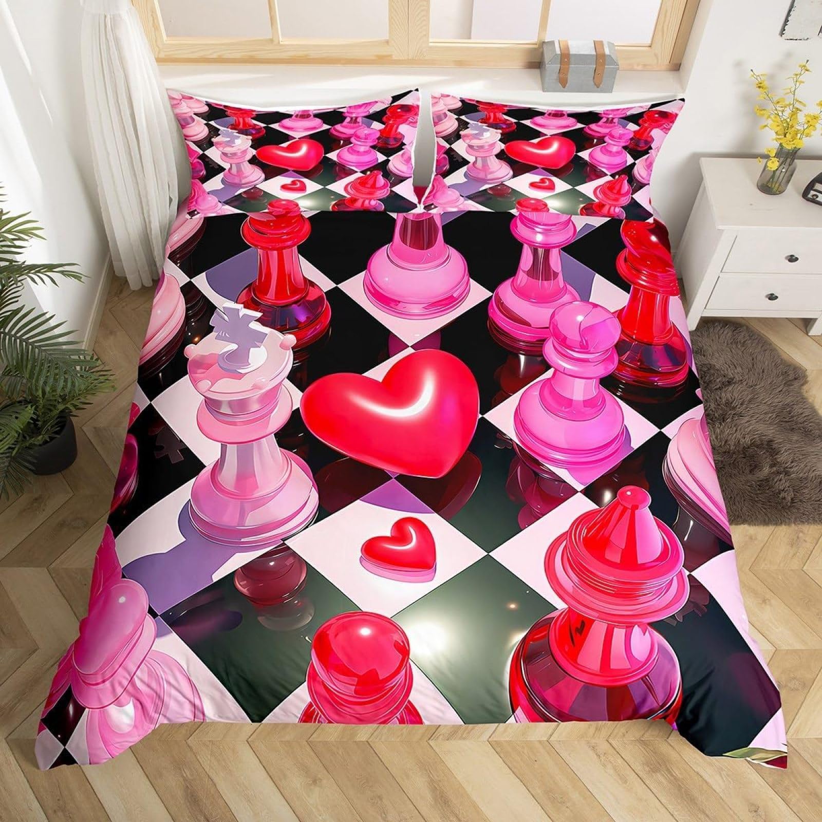 Poszwa na kołdrę 200x200 Nastolatek Różowe szachy Zestaw pościeli 2-osobowej z zamkiem błyskawicznym i 2 poszewkami na poduszki 65x65 cm - Miękka oddychająca poszwa na kołdrę z mikrofibry