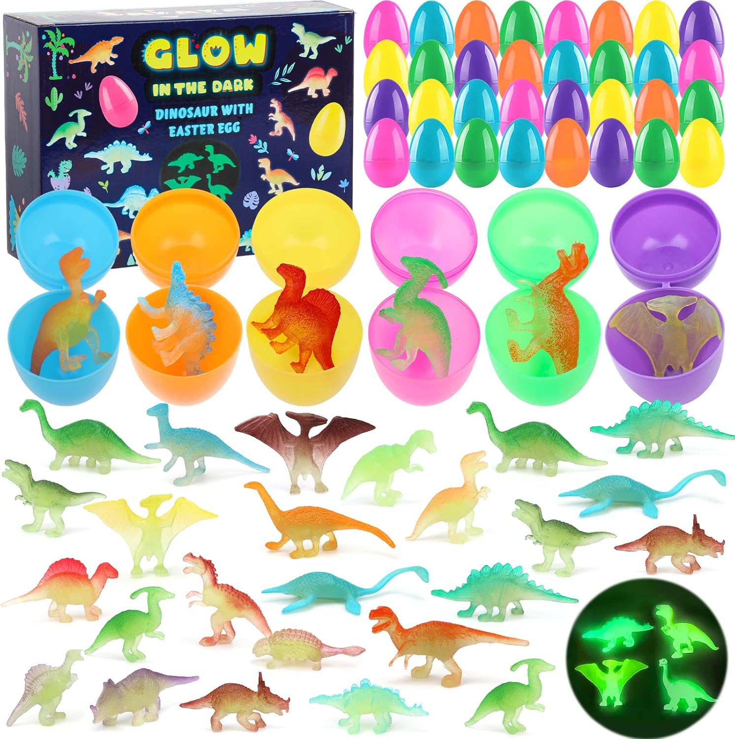 36 Pcs Easter Eggs Filled with Glow in the Dark Dinosaur Inside, Mini Plastic Dinosaur Figure Toys for Kids, Colorful Easter Eggs Basket Stuffers Fillers Eggs Hunt Gift Classroom Prizes Party Favors