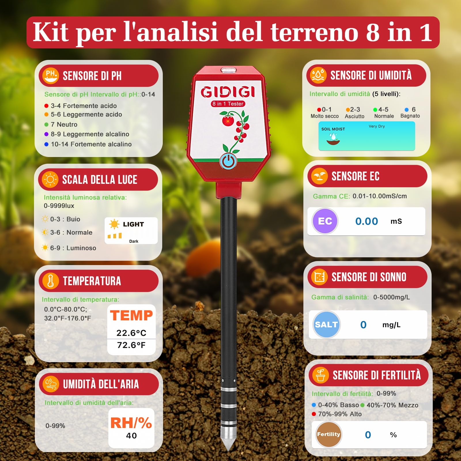 Tester pH umidità per terreno,kit digitale 8 in 1 per il test del terra, monitoraggio pH suolo,intensità della luce solare,fertilità,EC, salinità,temp e umidità per giardino,prato,agricoltura,cortile