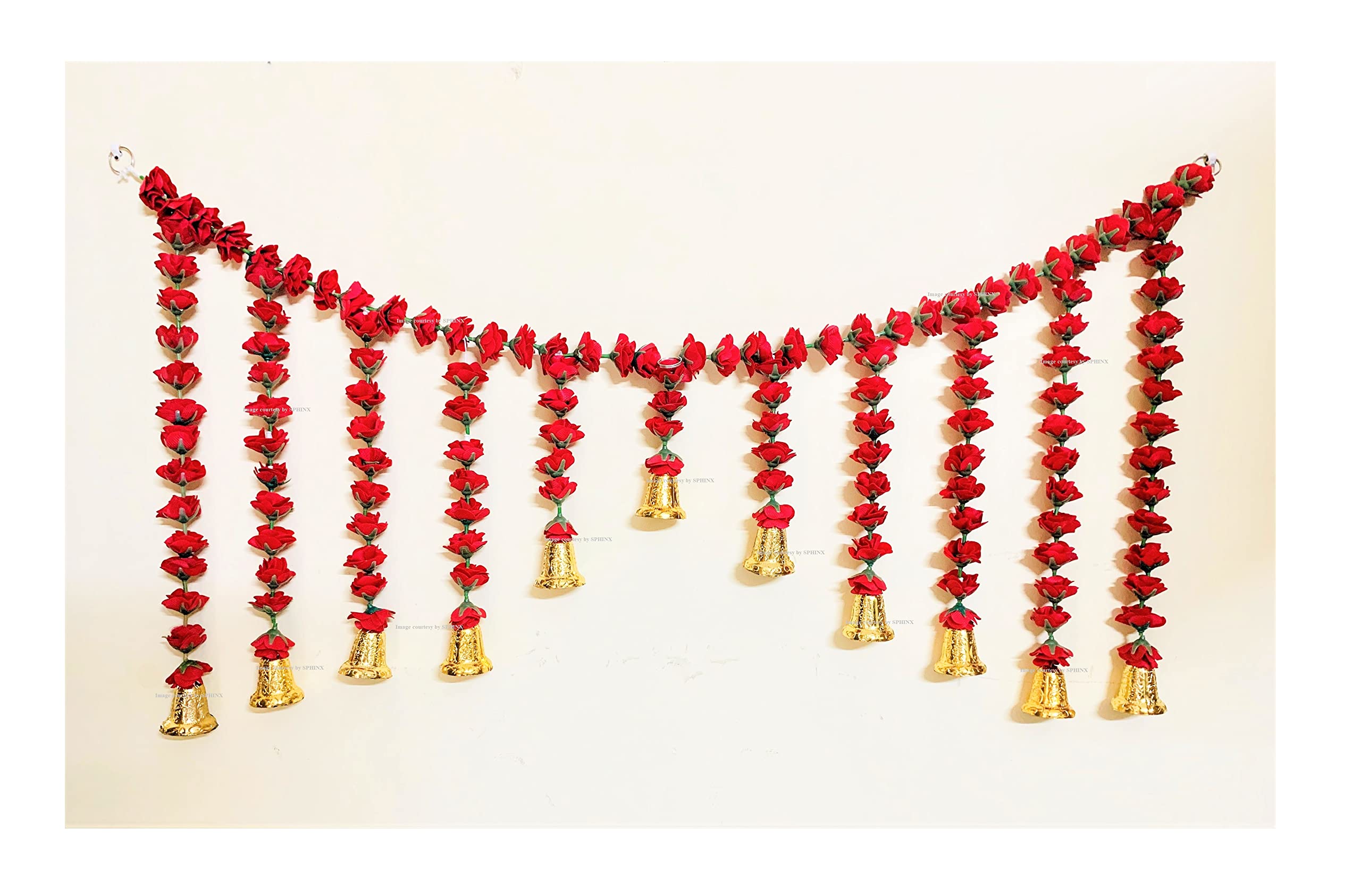 SPHINX Re-usable Velvet Small Artificial Rose door toran/door hangings/ door garlands with Golden bells for main entrance, Festive Wedding Housewarming Decorations (Approx 100 x 45 cms) - (Red)