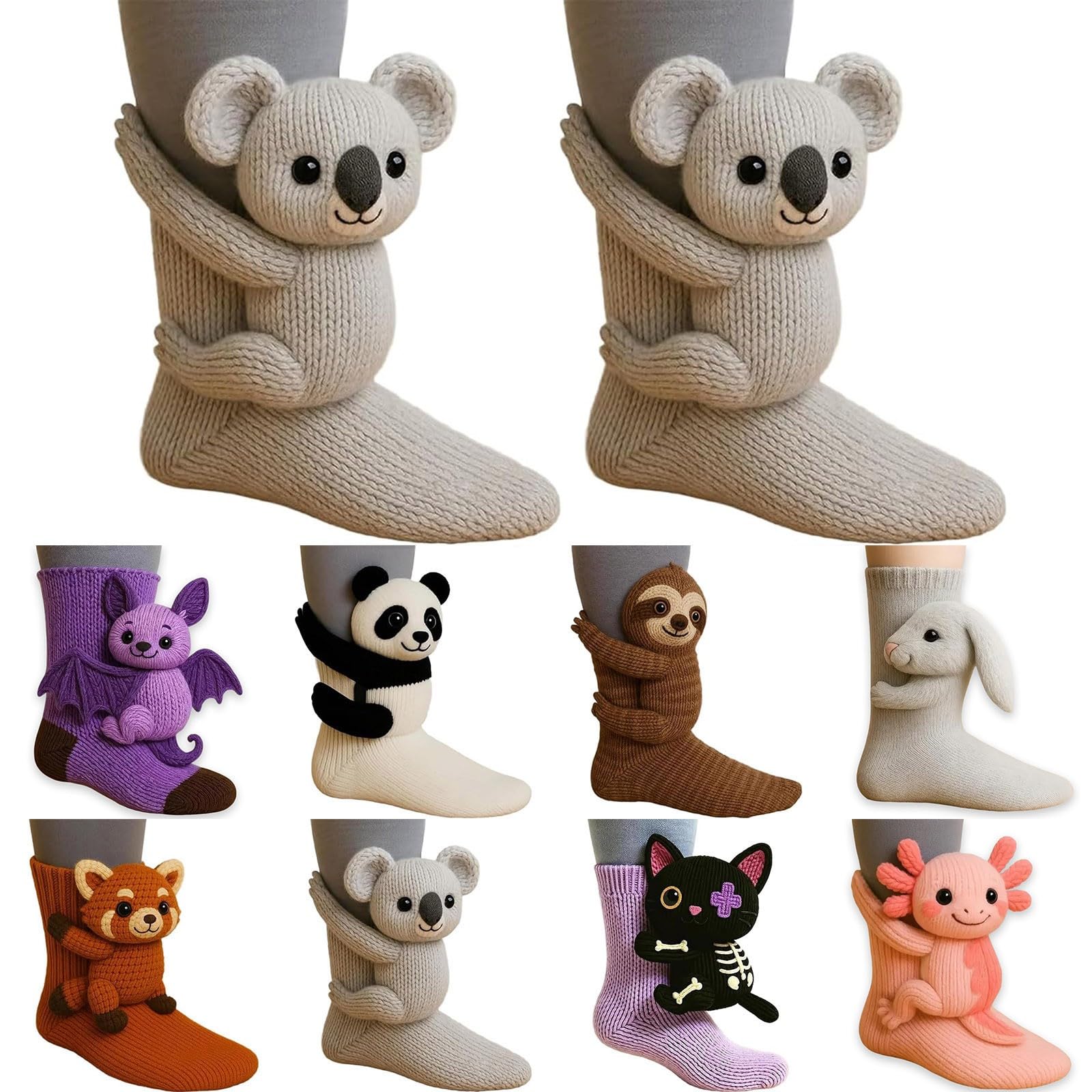 Animal Socks Women Teenage Girl Gifts Warm and Soft Novelty 3D Knit Funny Sloth Animal Hugging Socks Cute Sloth, Rabbit, Panda, Axolotl & More Animals Designs for Men & Women